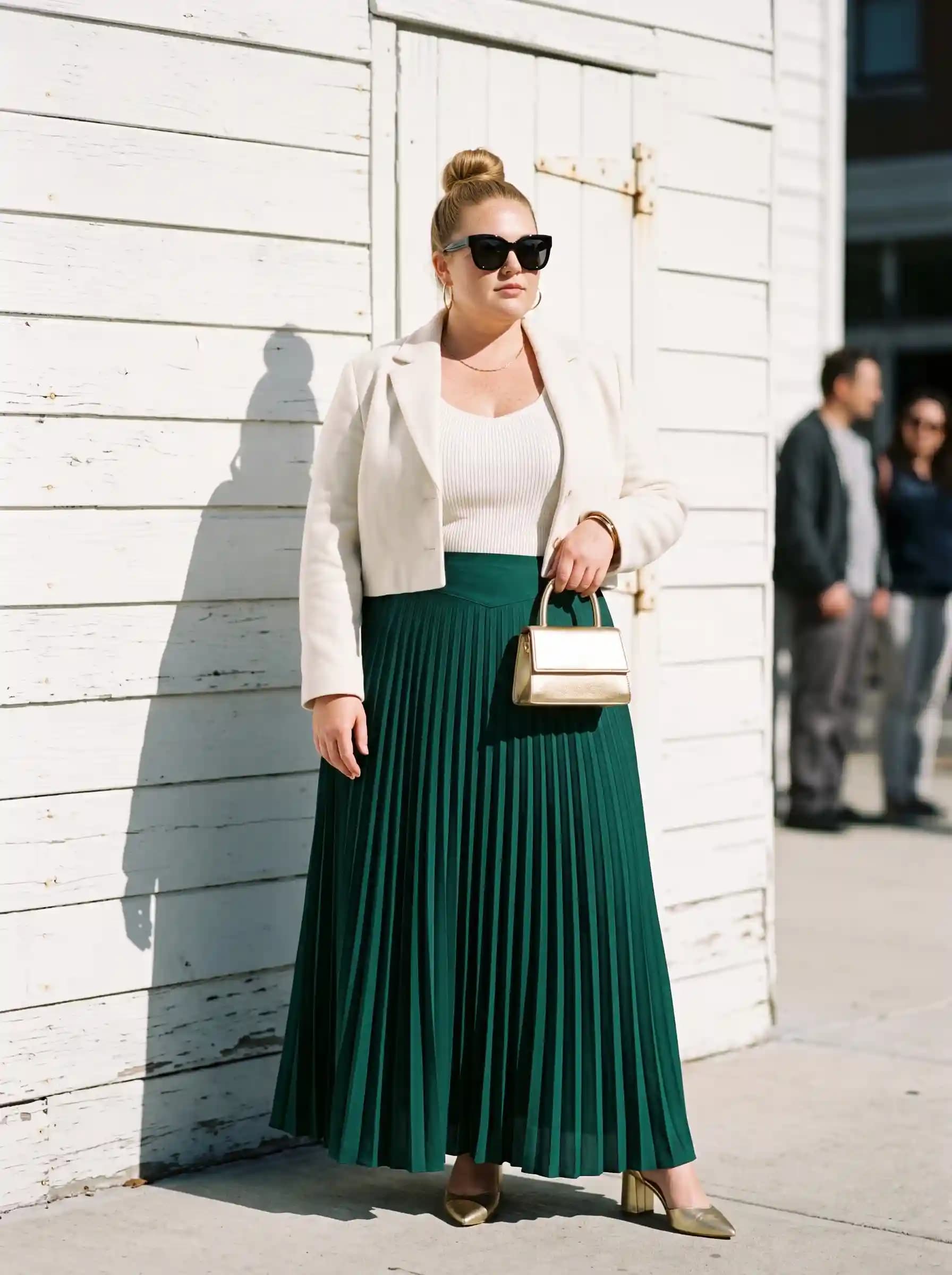 Cream Ribbed Top + White Cropped Blazer + Green Pleated Skirt