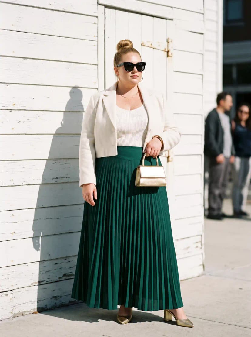 Cream Ribbed Top + White Cropped Blazer + Green Pleated Skirt