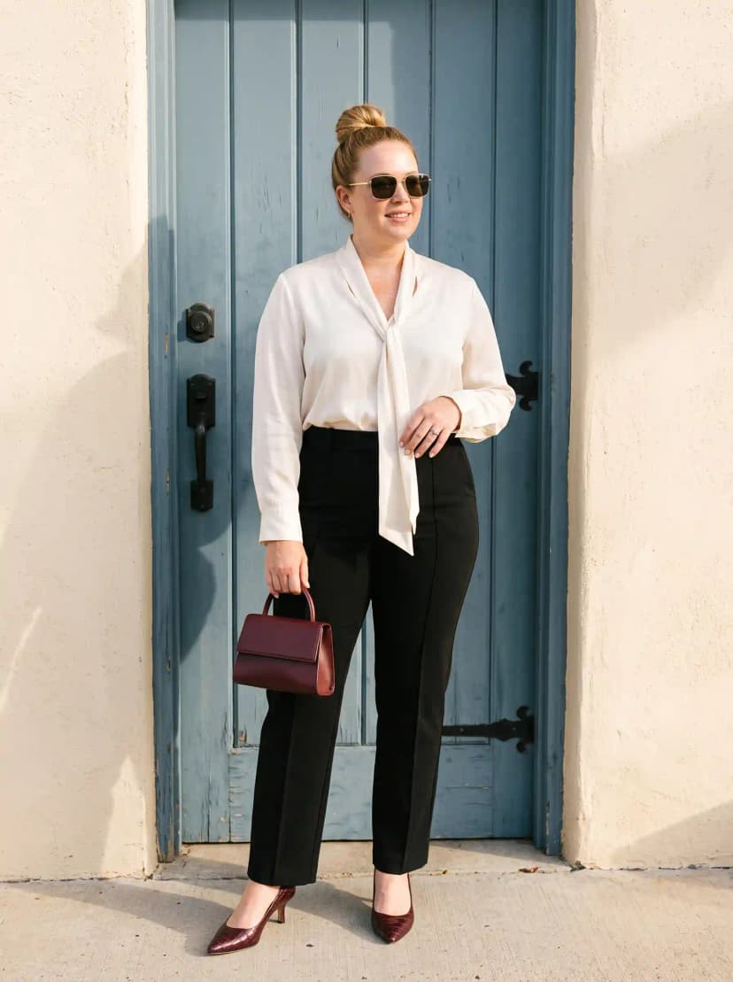 White Pussy-Bow Blouse + Black Tailored Trousers + Burgundy Pumps