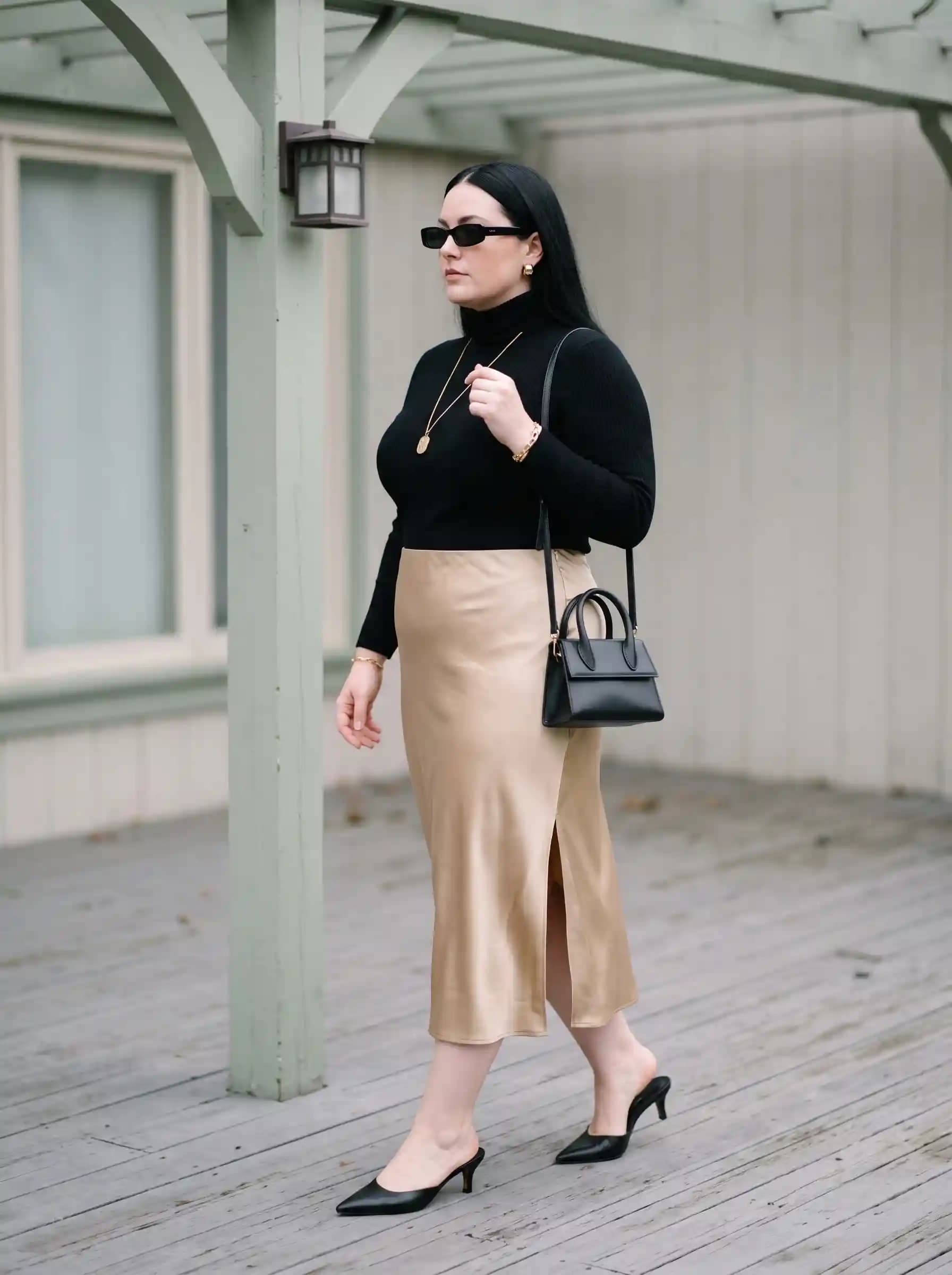 Black Turtleneck + Champagne Gold Satin Midi Skirt