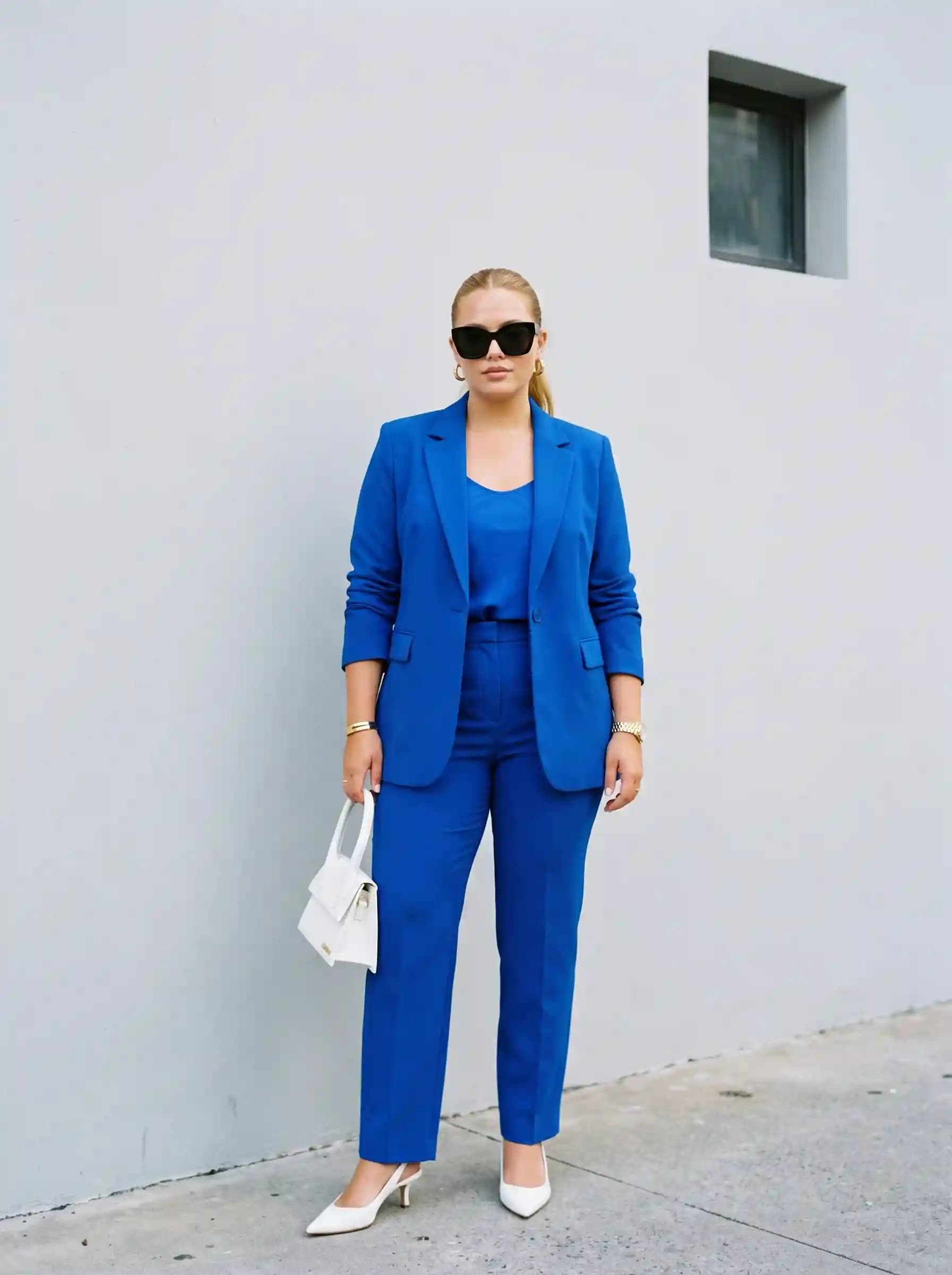 Cobalt Blue Blazer + Blue Camisole + Blue Tapered-Leg Trousers