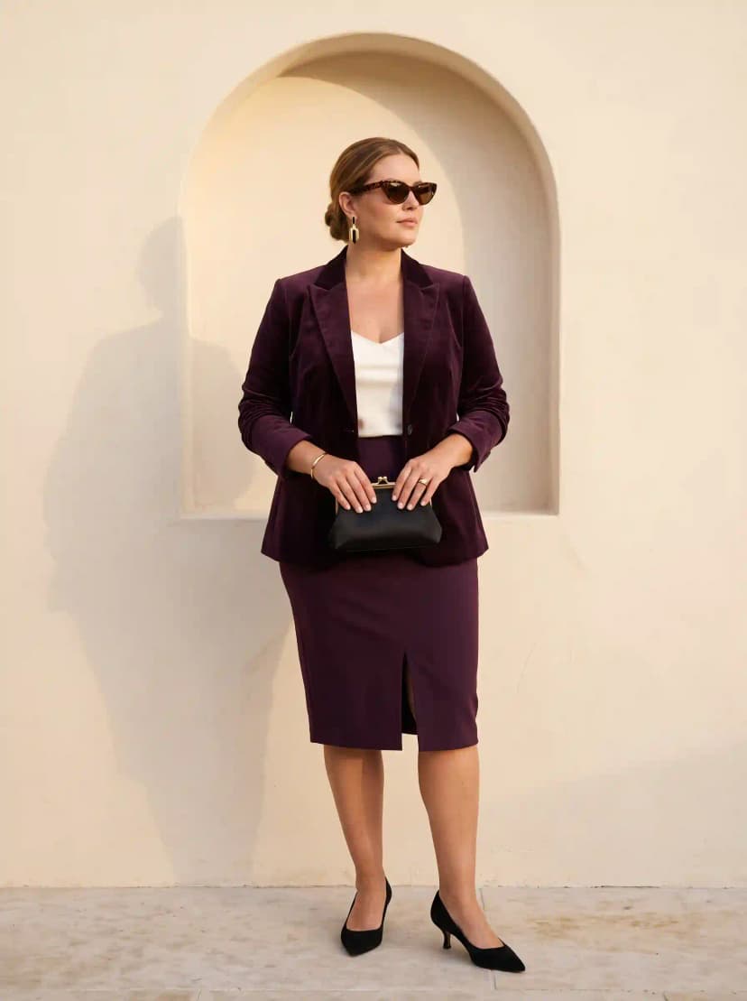 Deep Plum Velvet Blazer + White Satin Camisole + Plum Pencil Skirt
