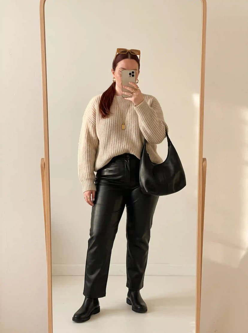 Cream Chunky Ribbed-Knit Sweater + Black Faux Leather Straight-Leg Pants
