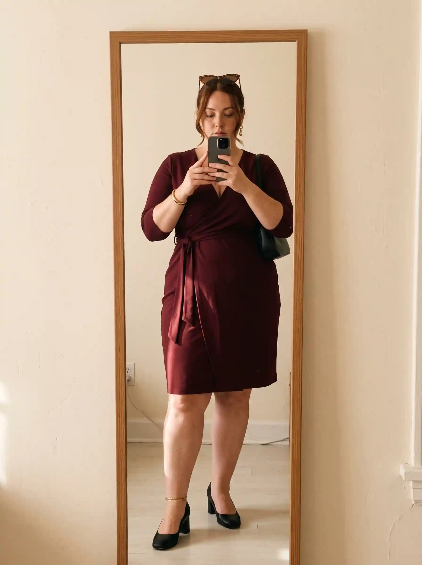 Deep Burgundy Wrap Dress + Black Block-Heel Pumps
