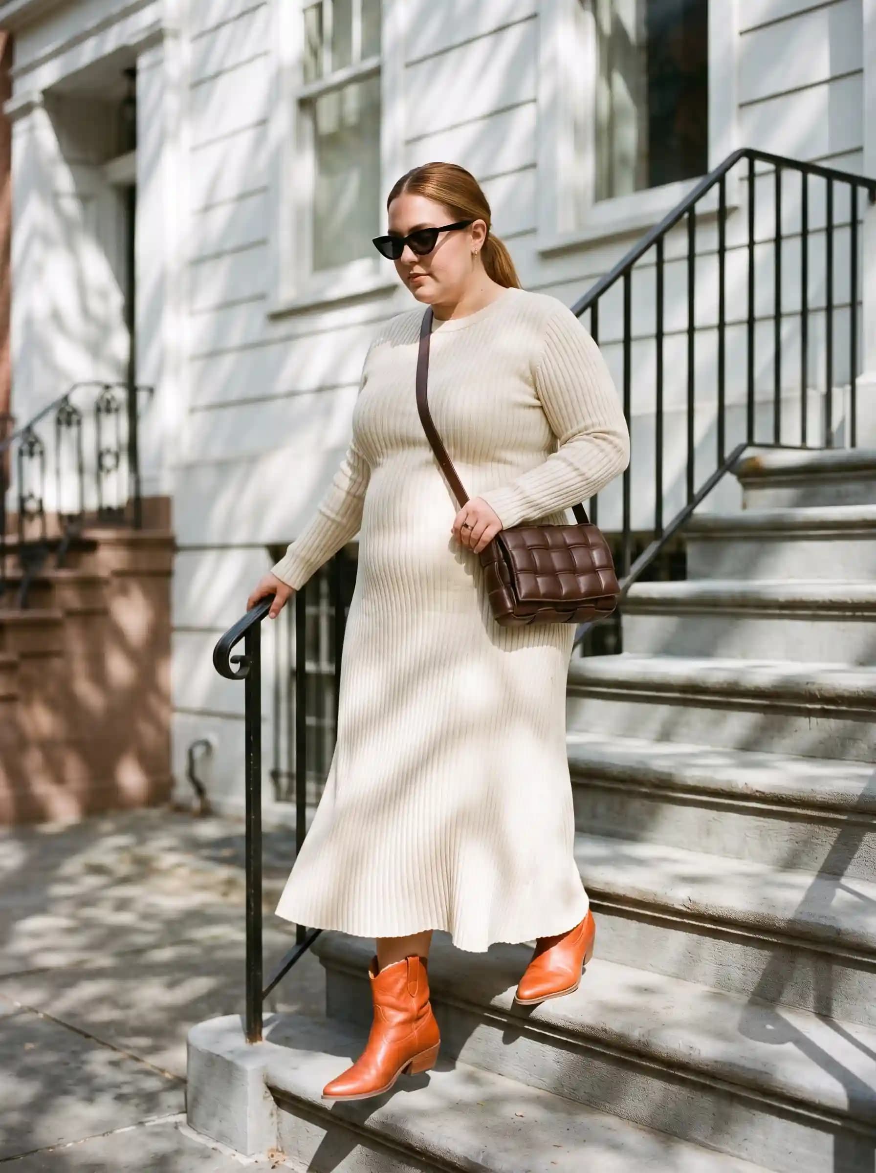 Cream Ribbed Knit Midi Dress + Burnt Orange Ankle Boots