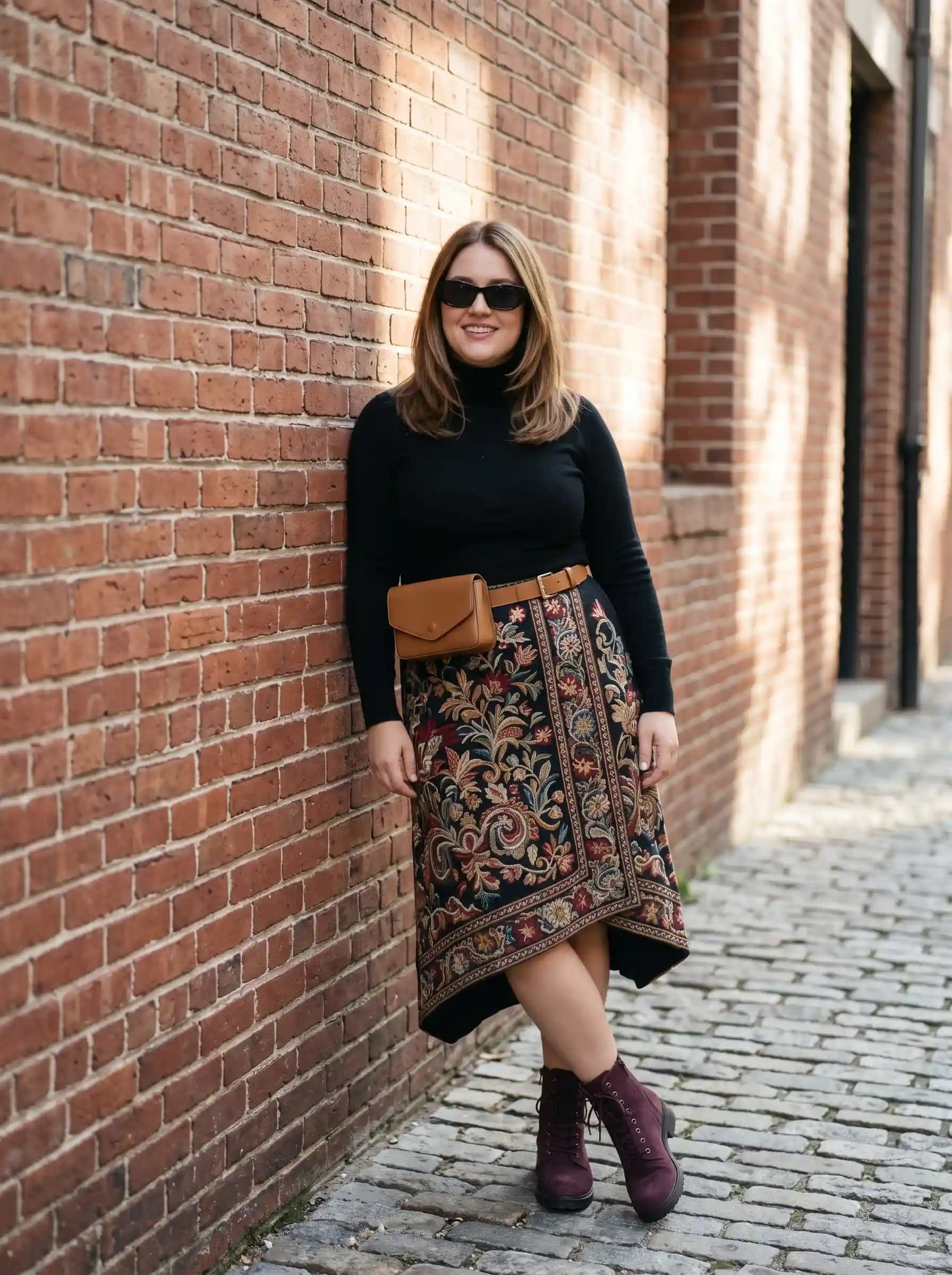 Black Turtleneck + Embroidered Wrap Skirt + Burgundy Combat Boots