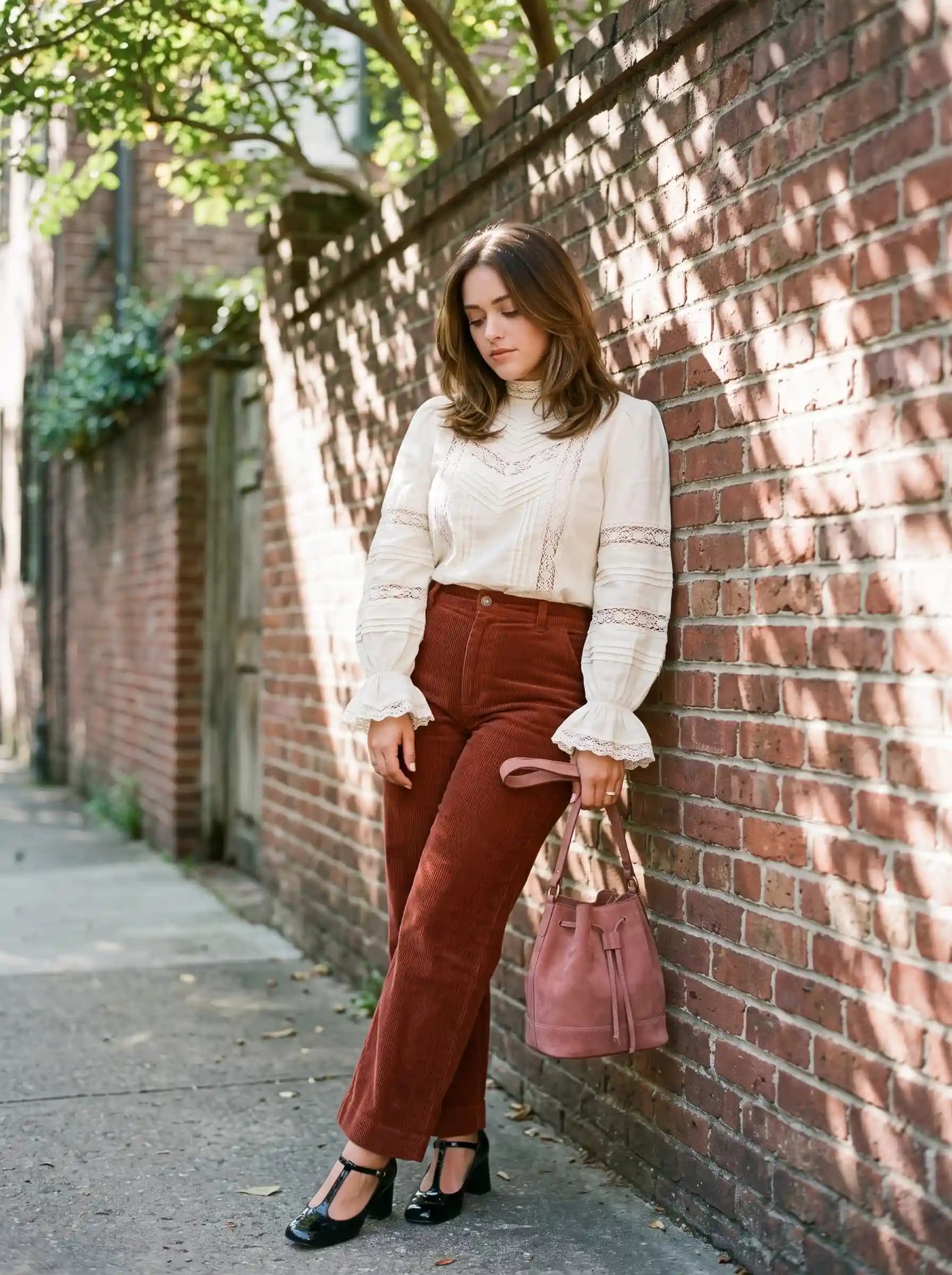 White Lace-Trim Blouse + Brown Corduroy Pants + Black Mary Janes