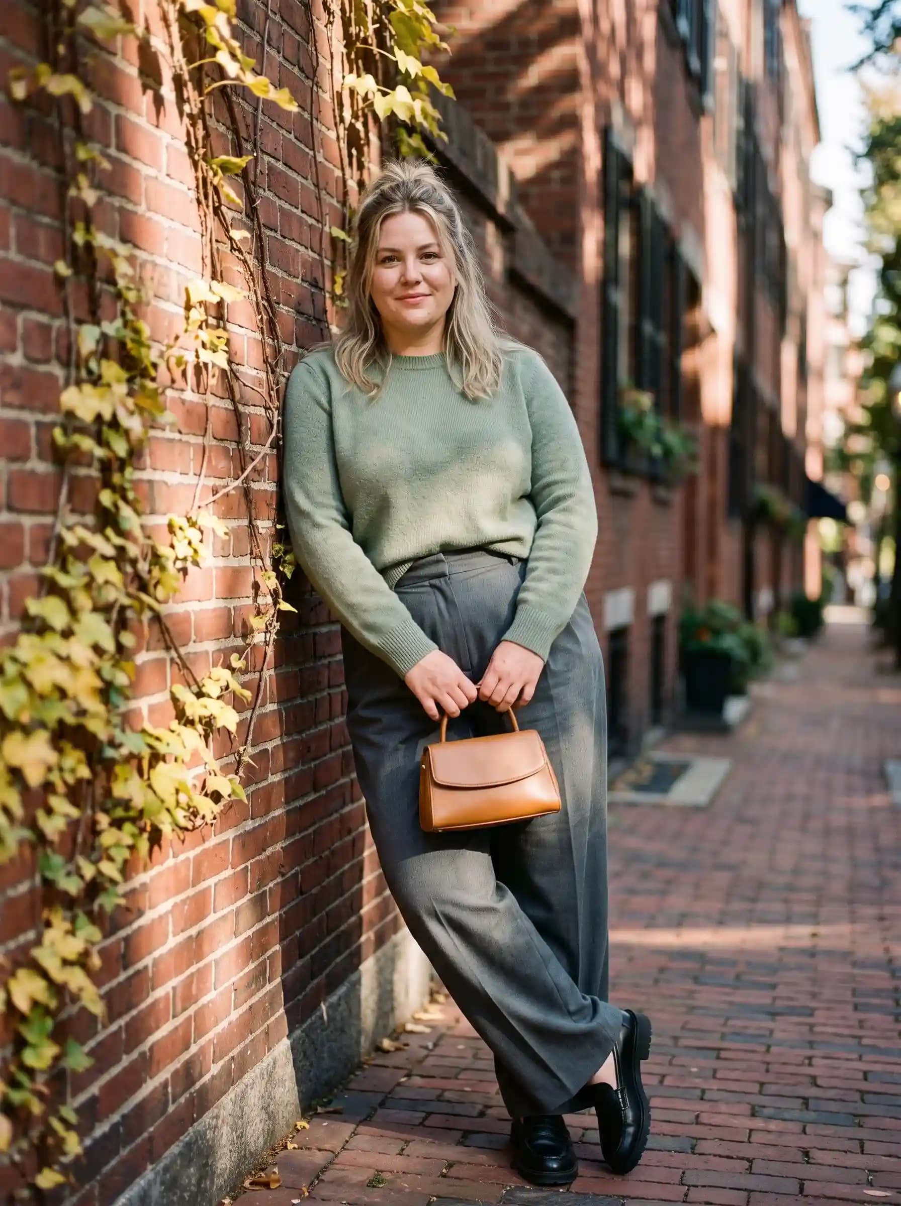 Sage Green Sweater + Charcoal Grey Wide-Leg Trousers