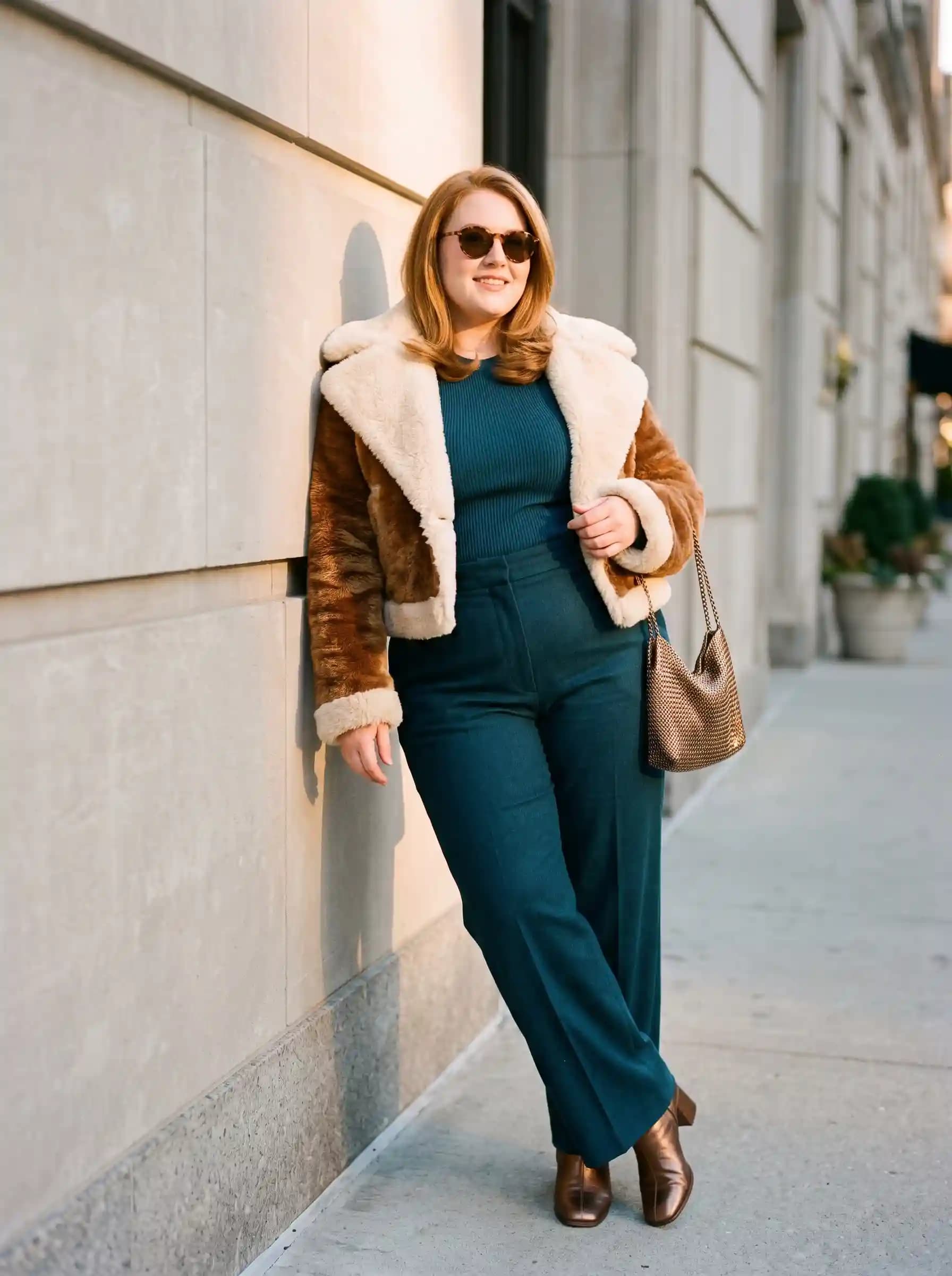 Teal Ribbed Sweater + Brown Faux Fur Jacket + Teal Trousers