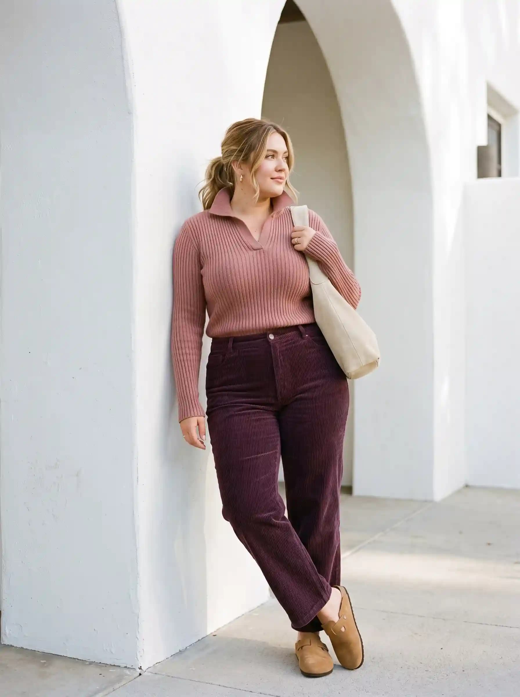 Dusty Rose Collared Sweater + Burgundy Corduroy Pants