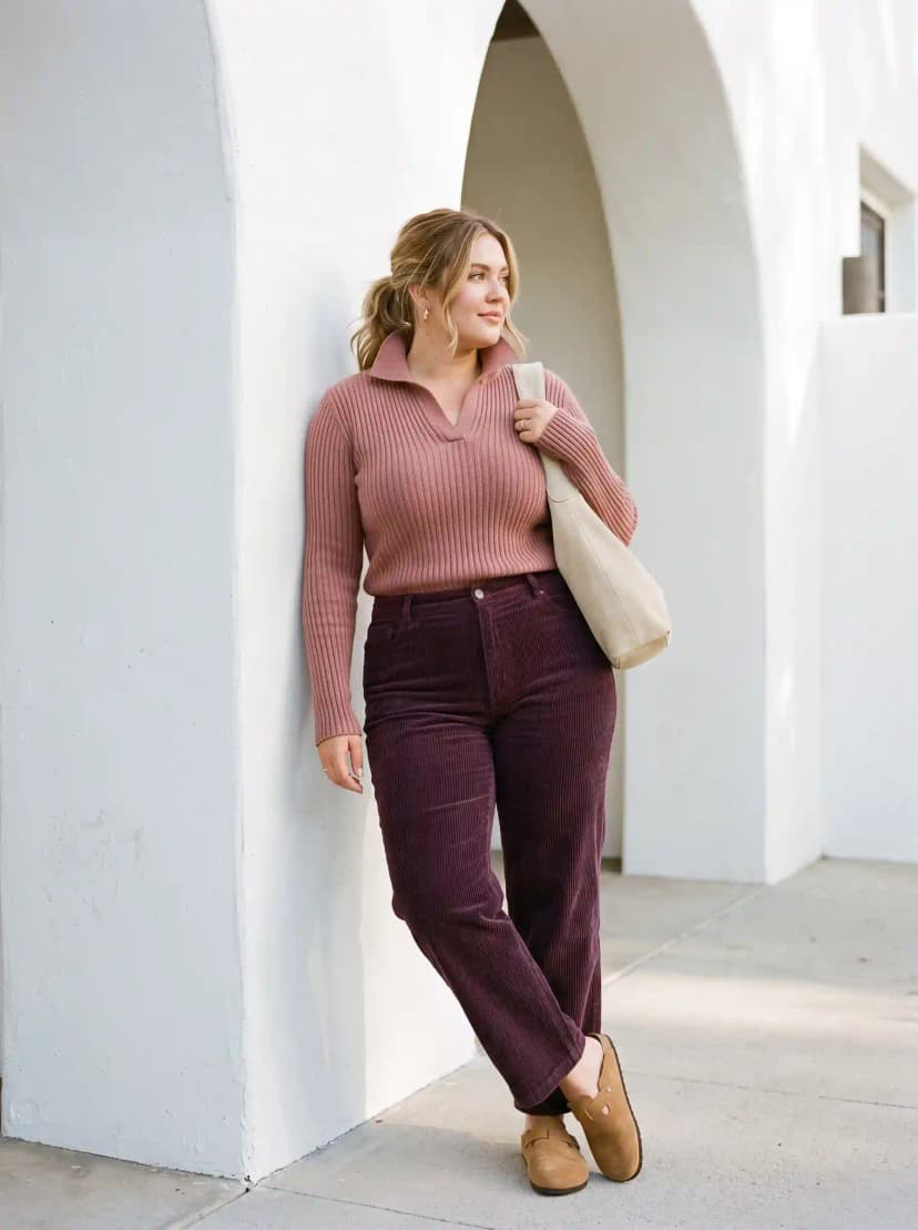 Dusty Rose Collared Sweater + Burgundy Corduroy Pants