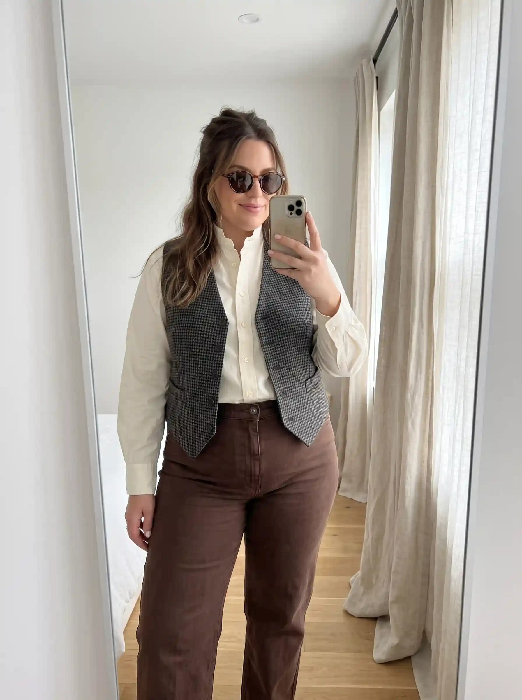 White Button-Up Shirt + Grey Houndstooth Vest + Brown Trousers