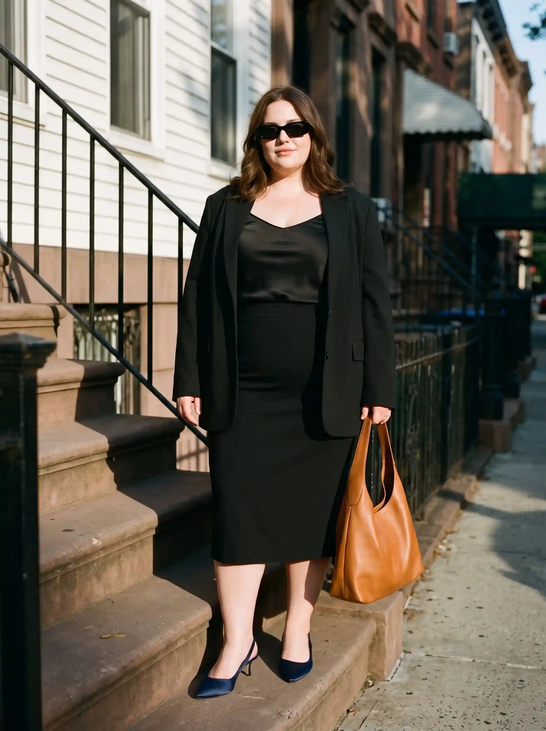 Black Blazer + Black Satin Camisole + Black Pencil Skirt