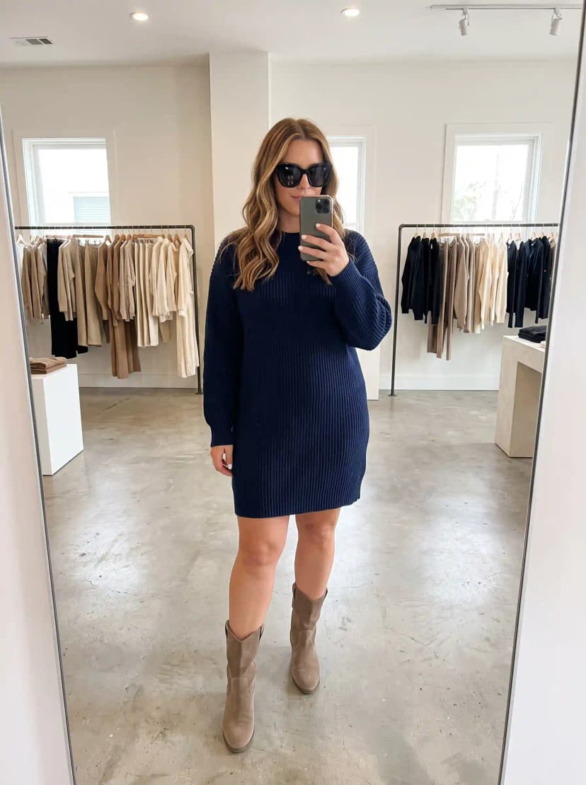 Navy Ribbed Sweater Dress + Taupe Suede Ankle Boots