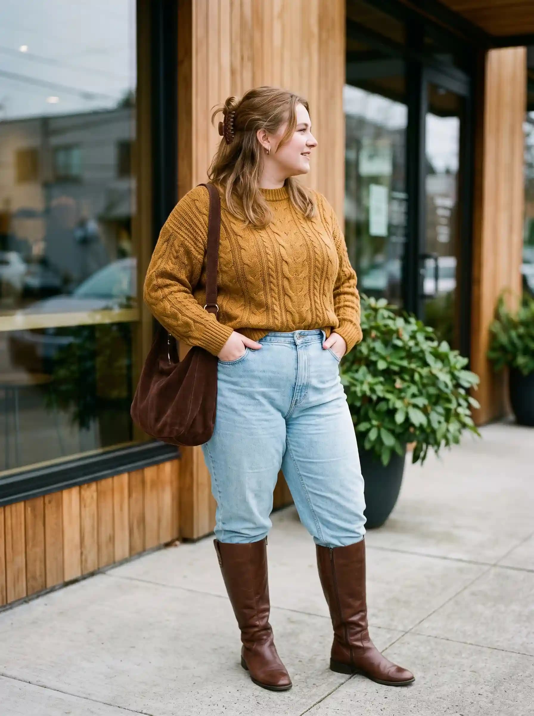 Mustard Cable-Knit Sweater + Light Wash Jeans + Brown Riding Boots