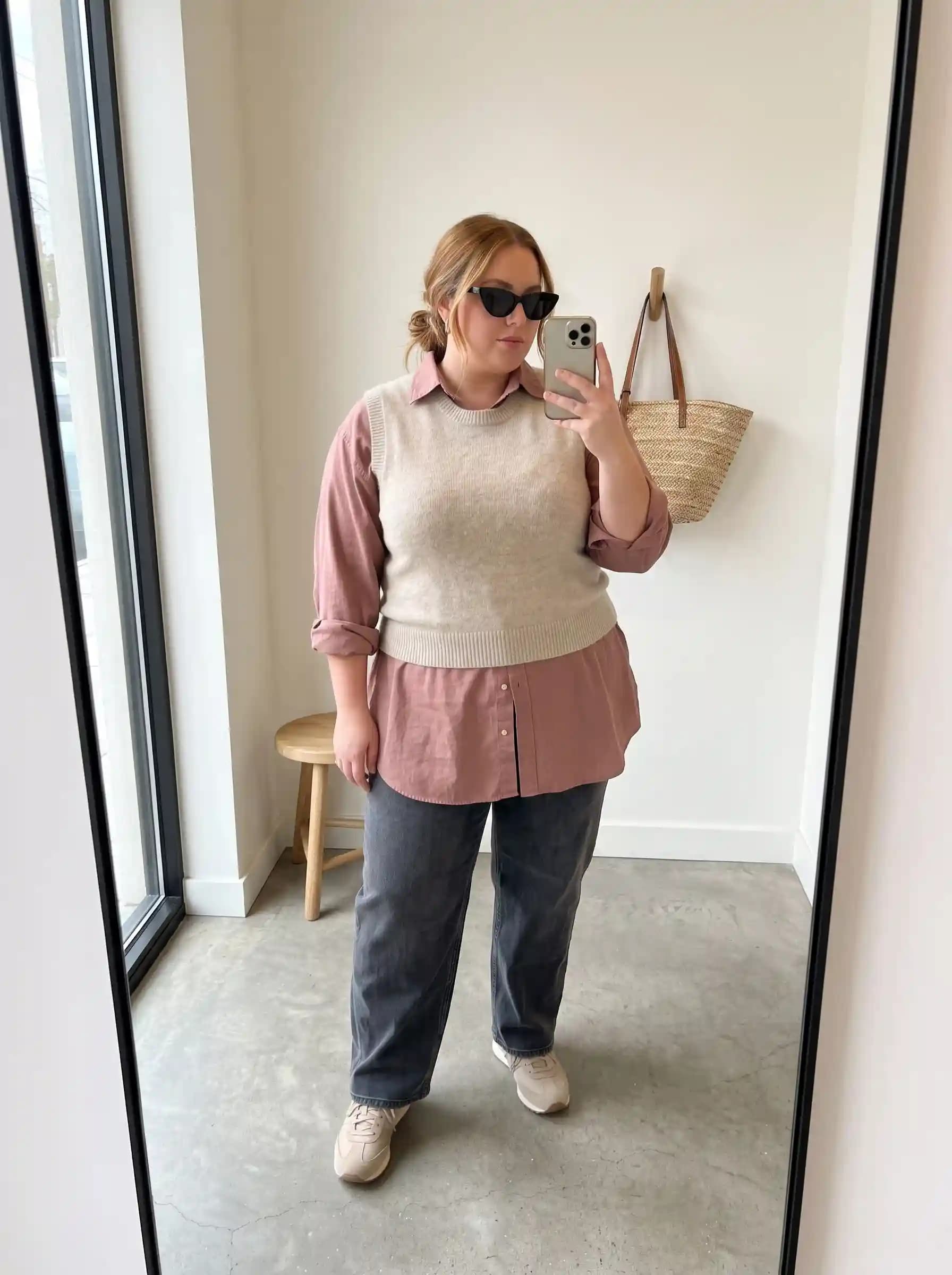 Pink Button-Up Shirt + Beige Sweater Vest + Grey Jeans
