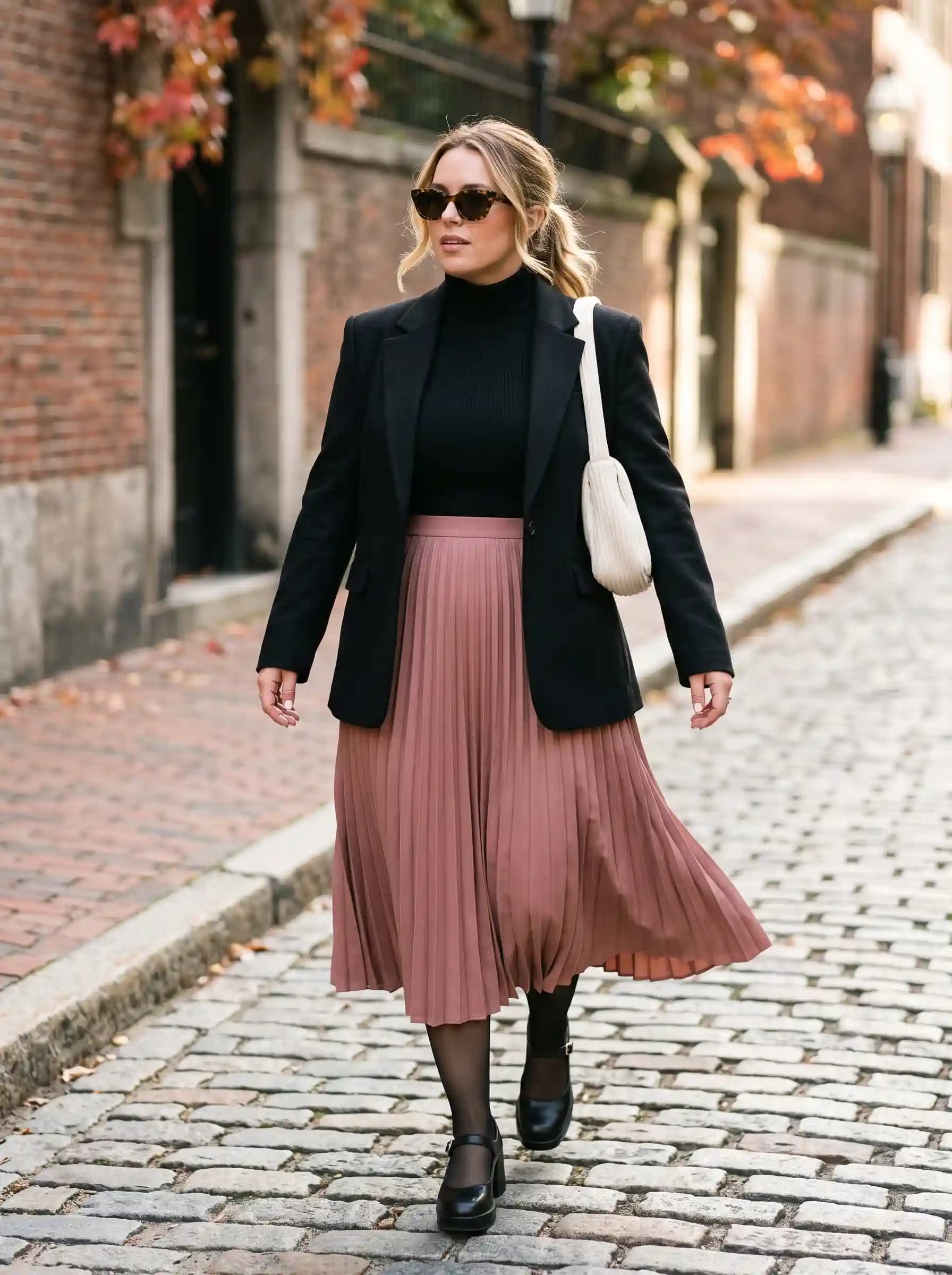Black Turtleneck + Black Blazer + Dusty Rose Pleated Skirt