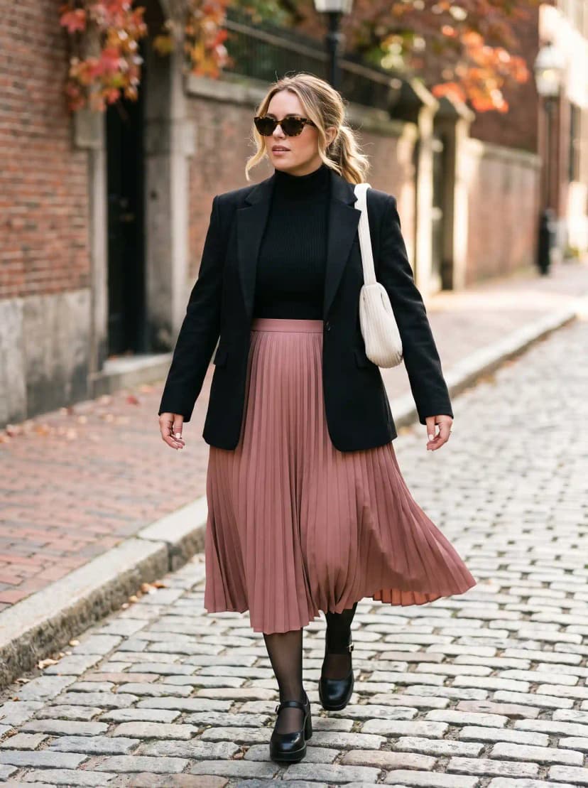 Black Turtleneck + Black Blazer + Dusty Rose Pleated Skirt
