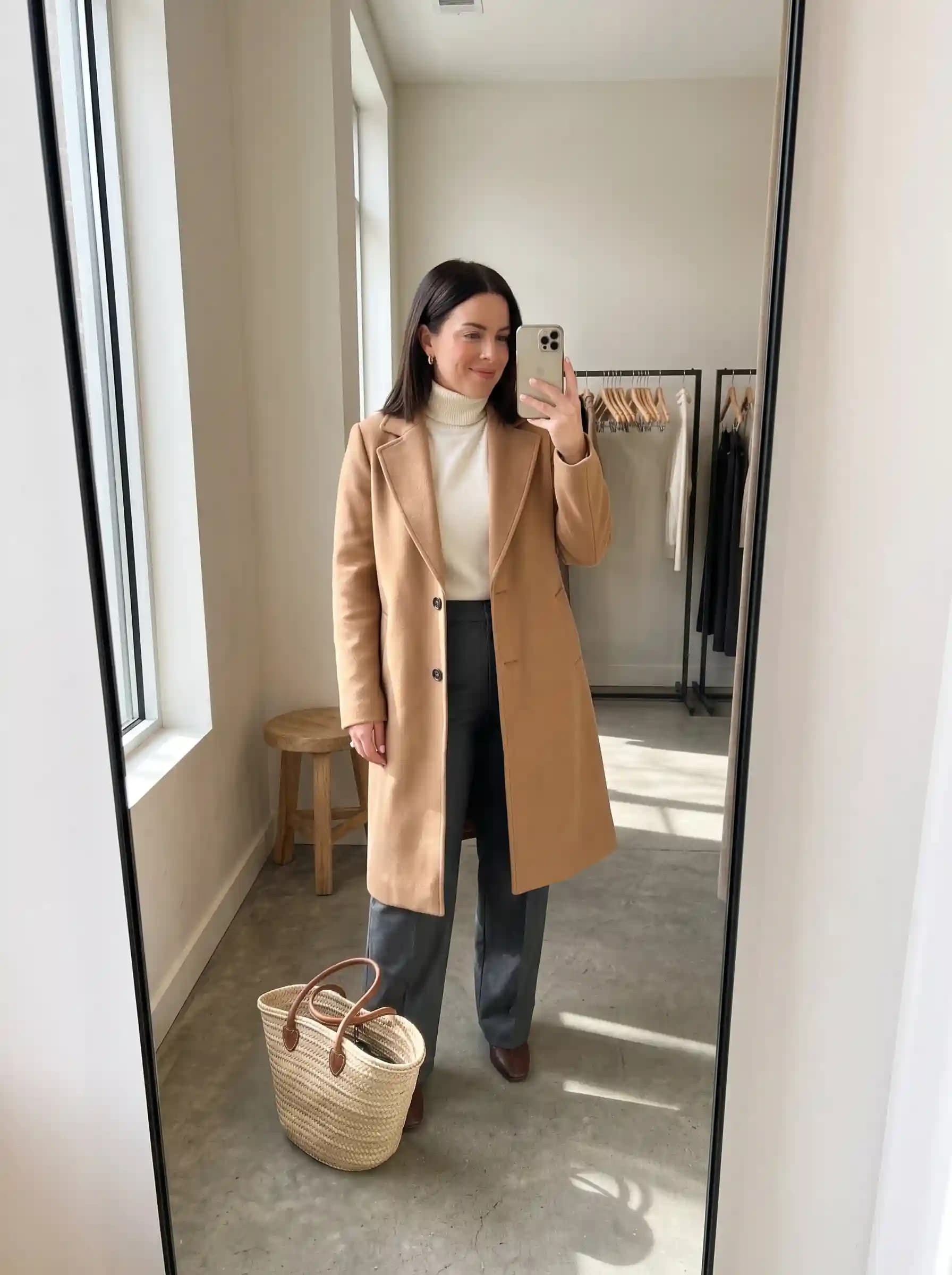 Cream Turtleneck + Grey Trousers + Camel Coat