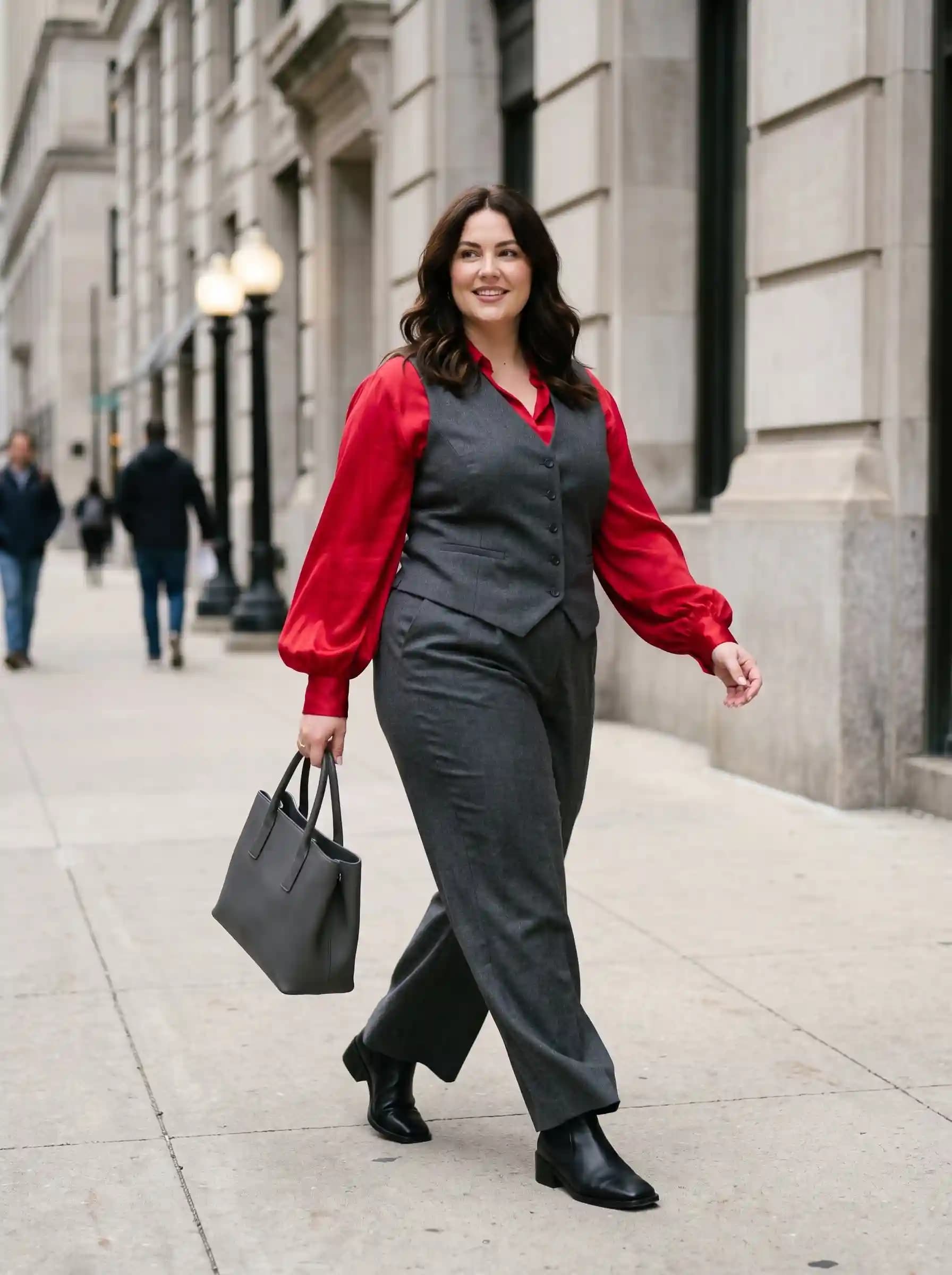 Red Satin Blouse + Grey Vest + Grey Wide-Leg Trousers