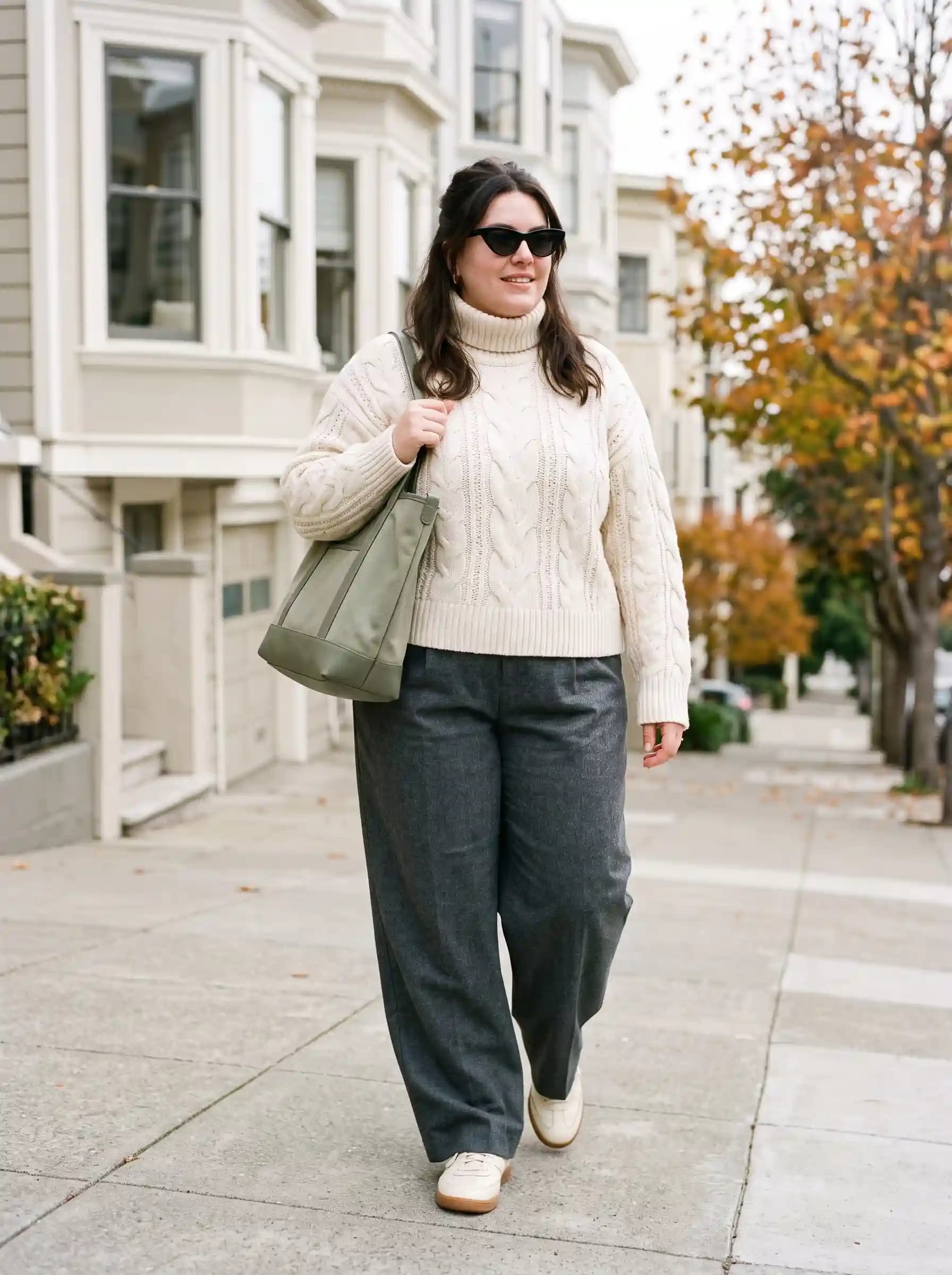 Cream Cable-Knit Turtleneck Sweater + Charcoal Grey Wide-Leg Trousers