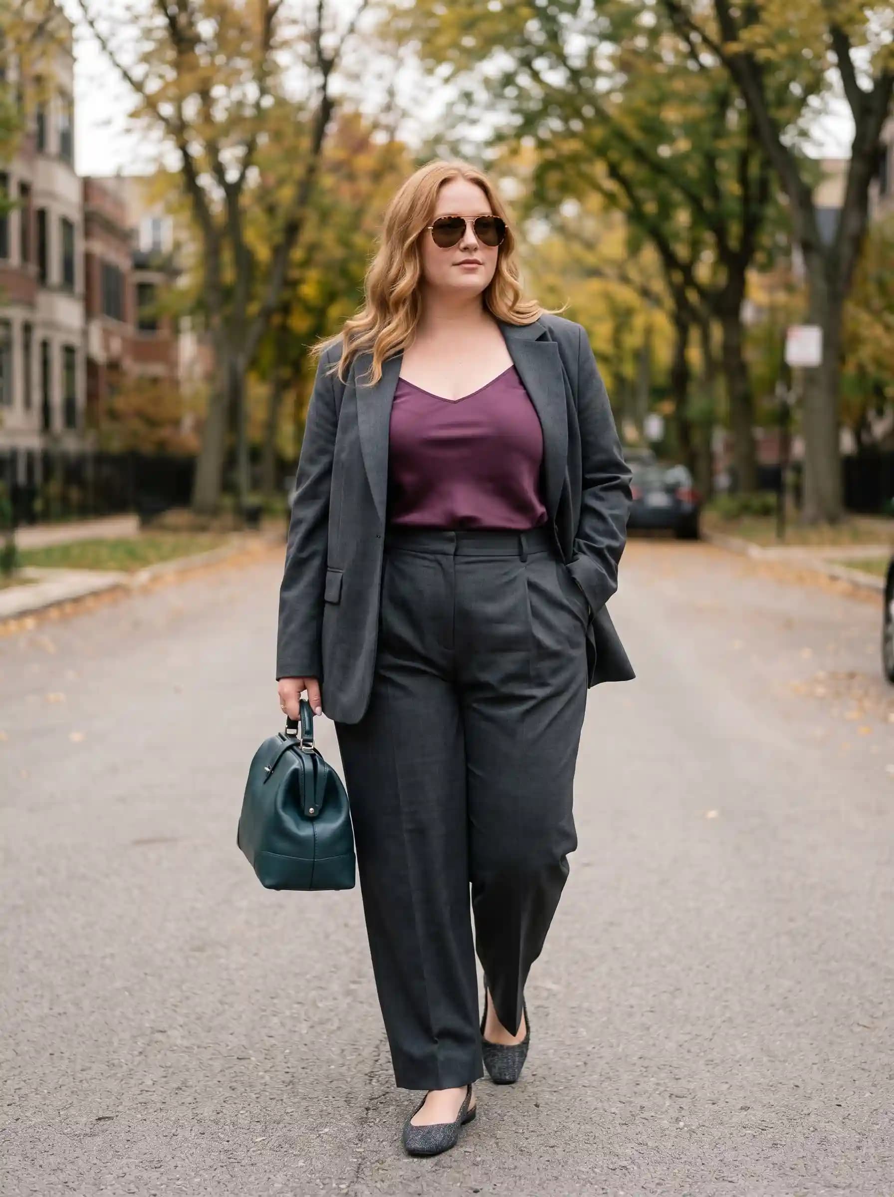 Purple Satin Cami + Grey Blazer + Grey Trousers