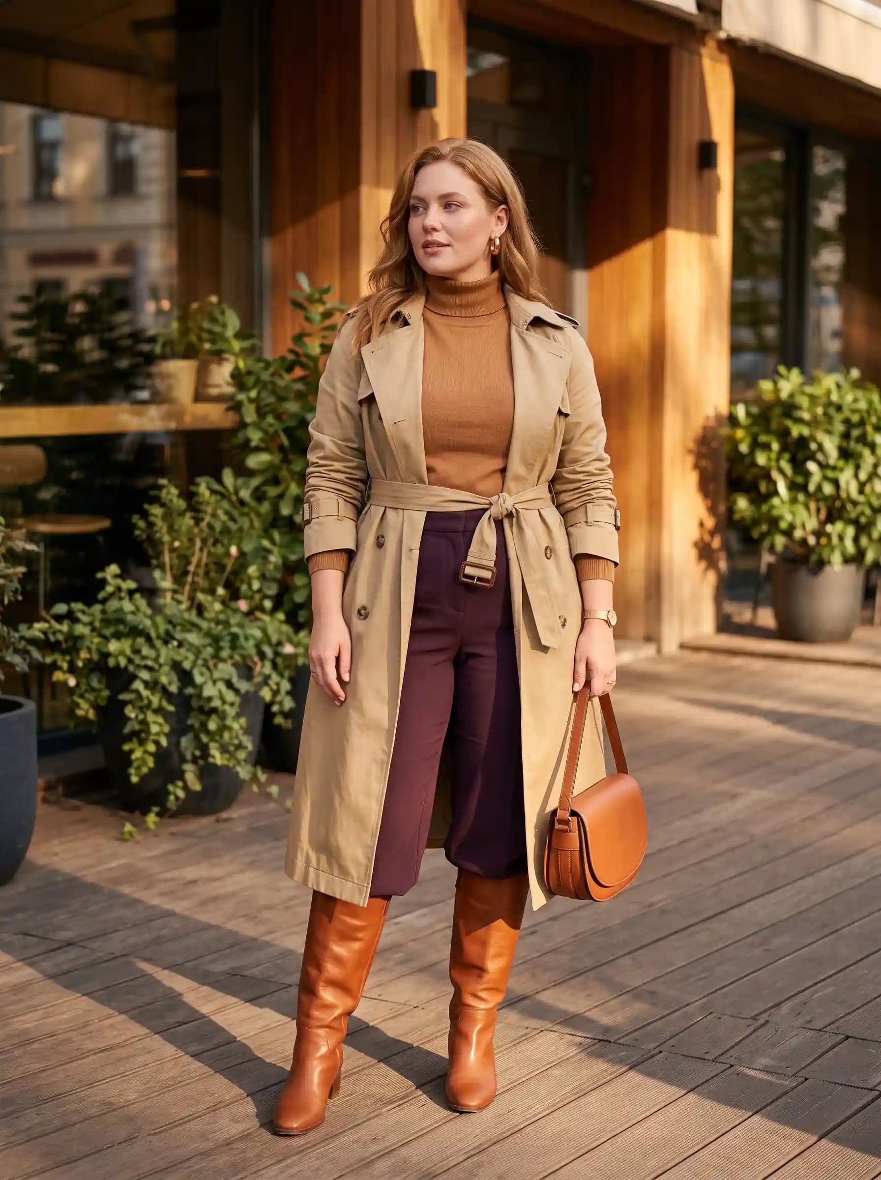 Caramel Turtleneck + Purple Culottes + Classic Trench Coat
