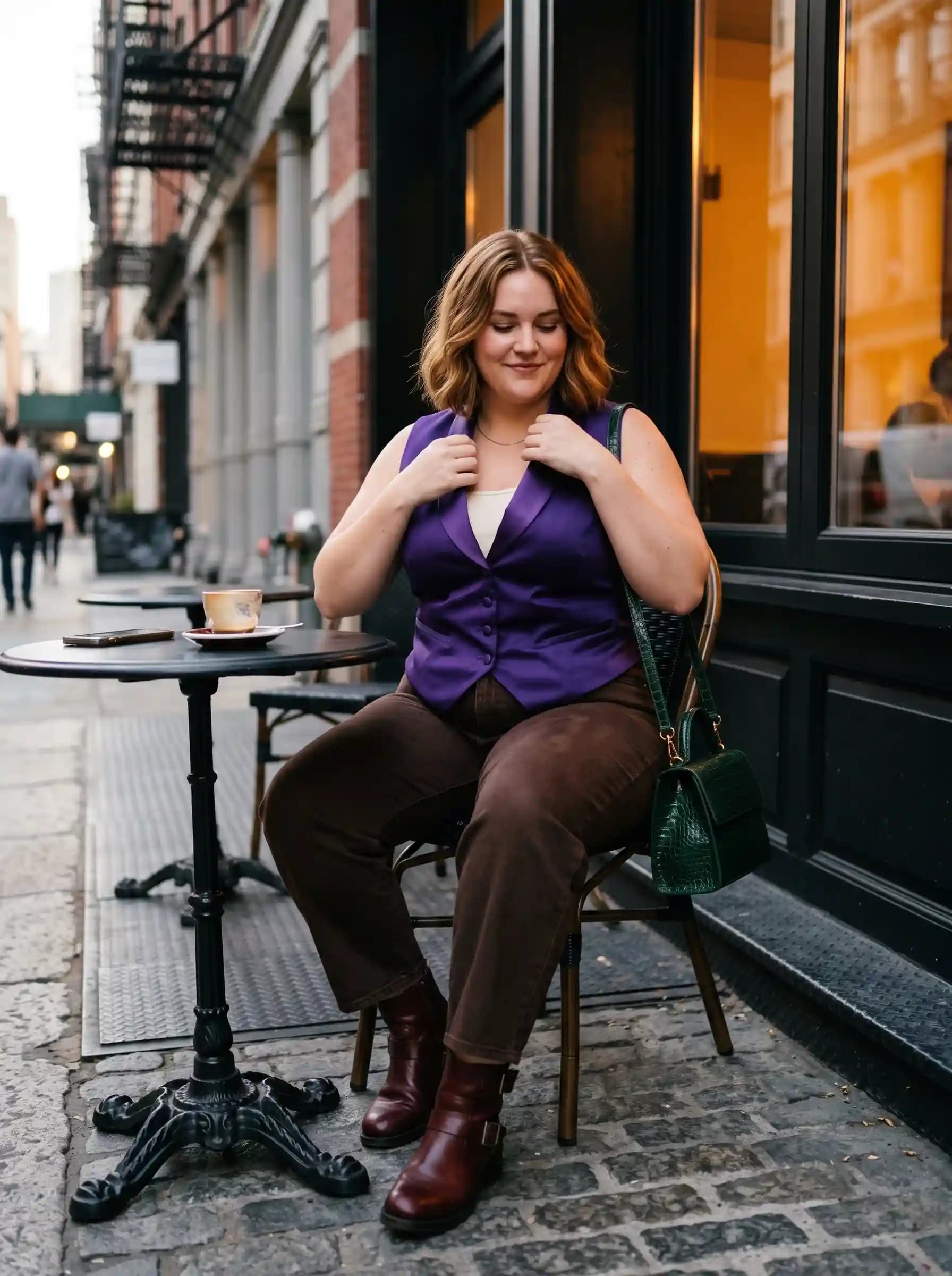 Purple Tailored Vest + White Tank Top + Brown Trousers