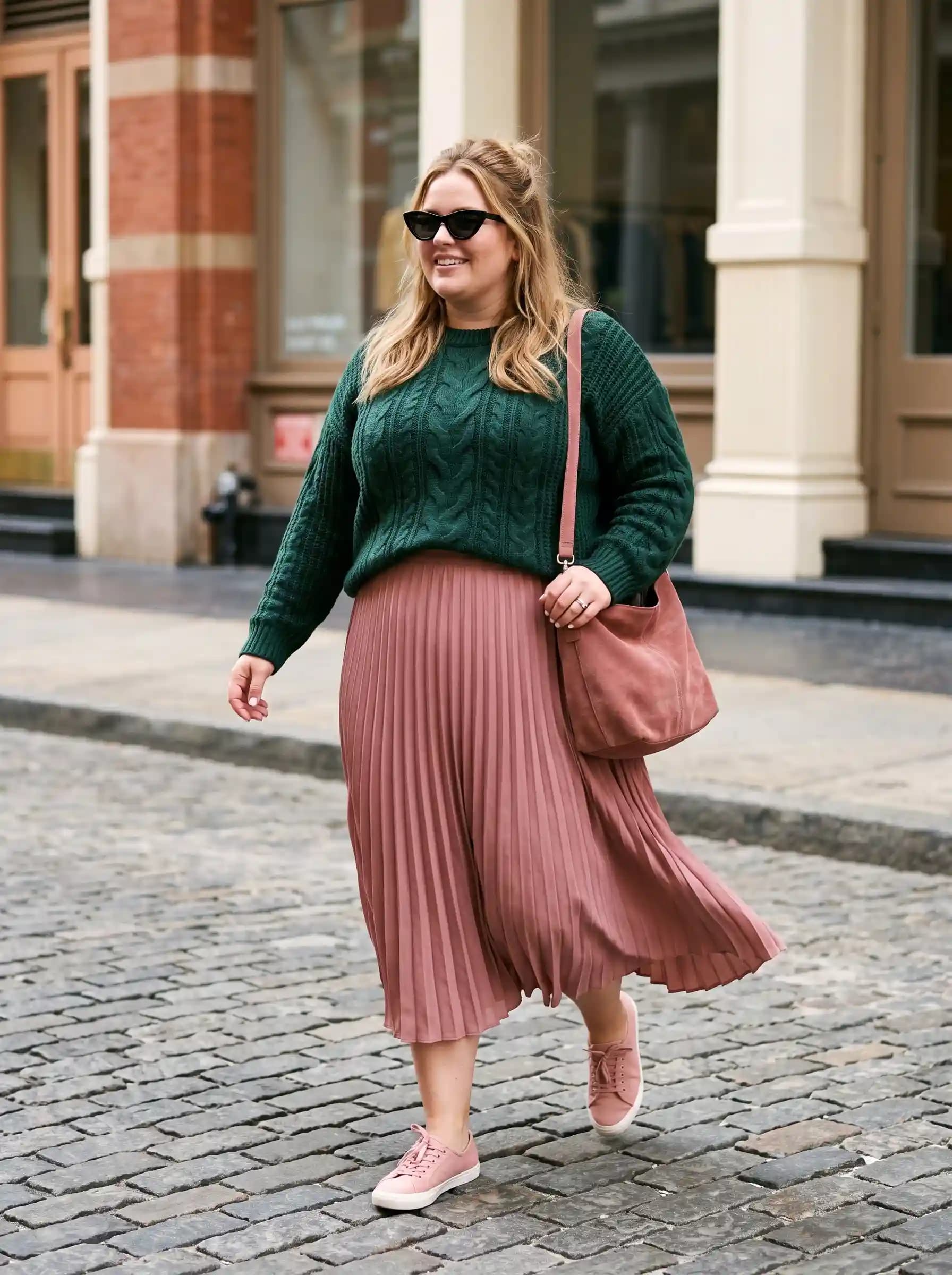 Forest Green Cable-Knit Sweater + Dusty Rose Pleated Midi Skirt