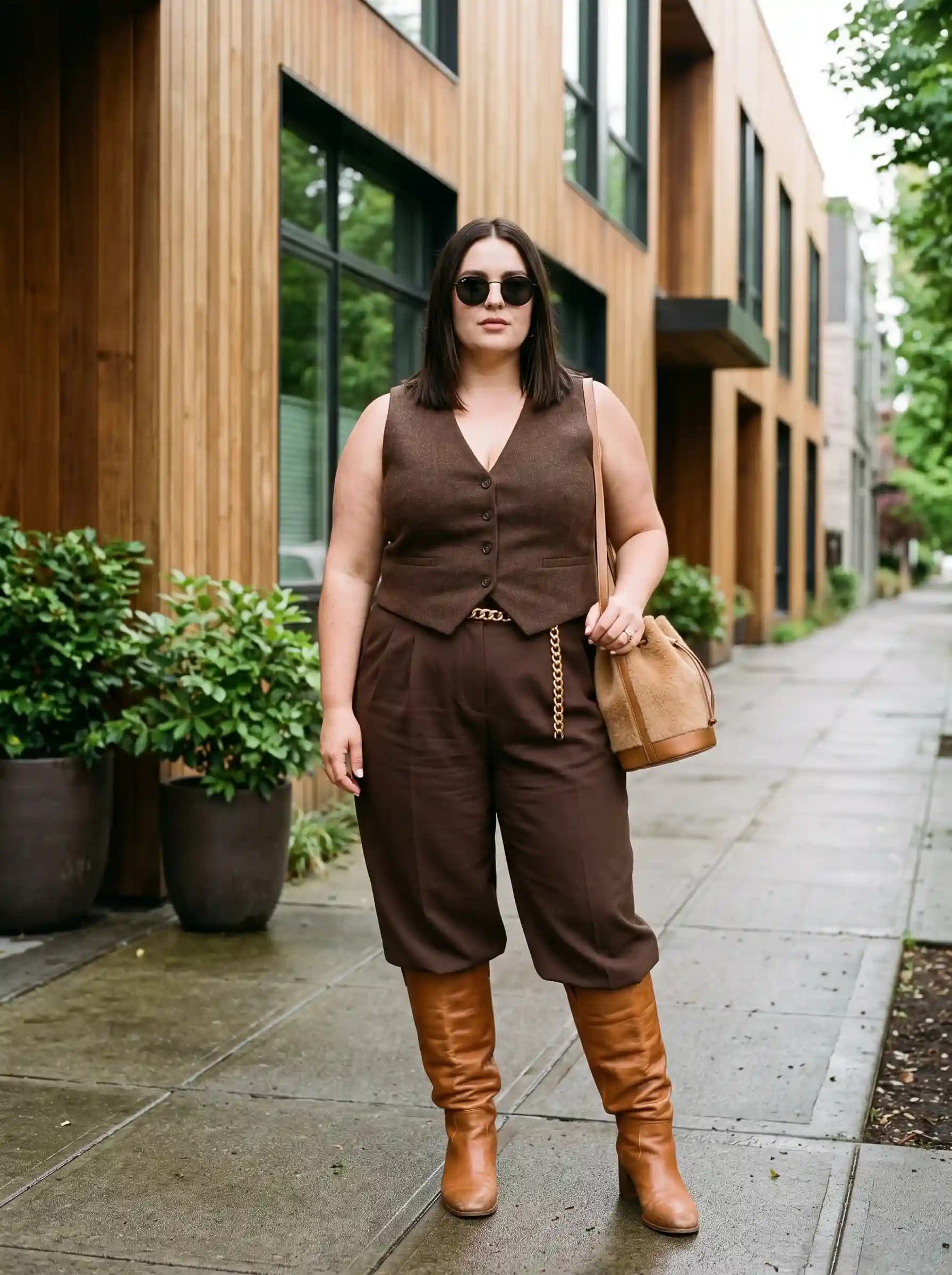 Chocolate Brown Vest + Brown Culottes + Tan Knee-High Boots