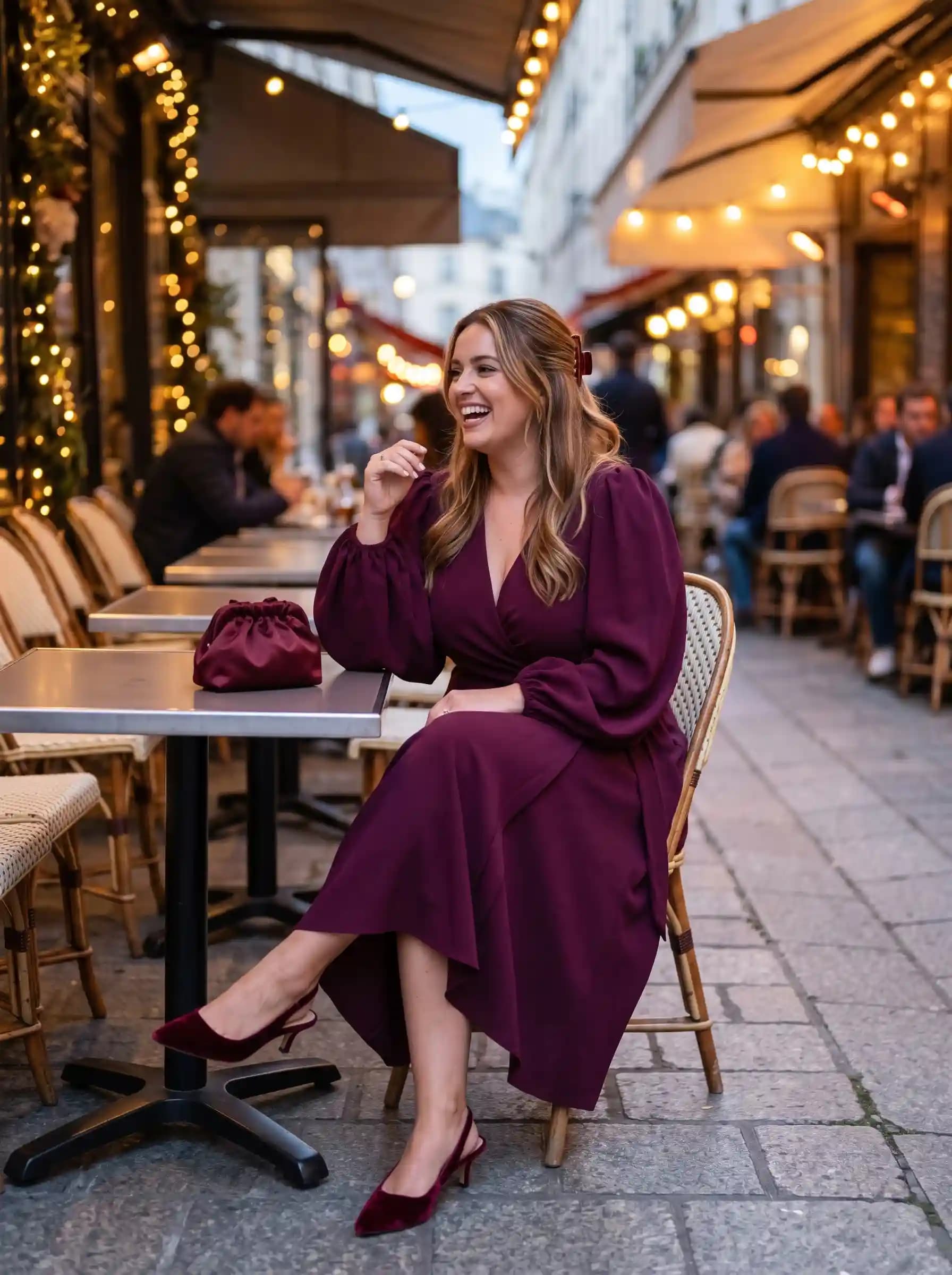 Plum Puff-Sleeve Wrap Dress + Matching Velvet Heels