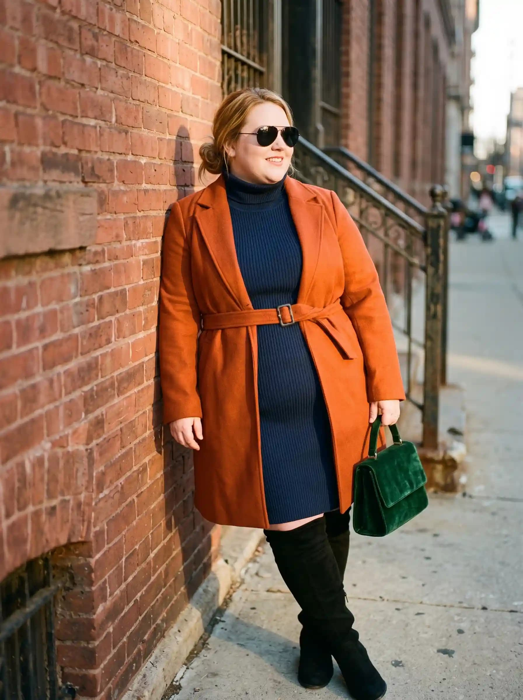 Burnt Orange Belted Coat + Navy Ribbed Turtleneck Dress + Black Over-the-Knee Boots