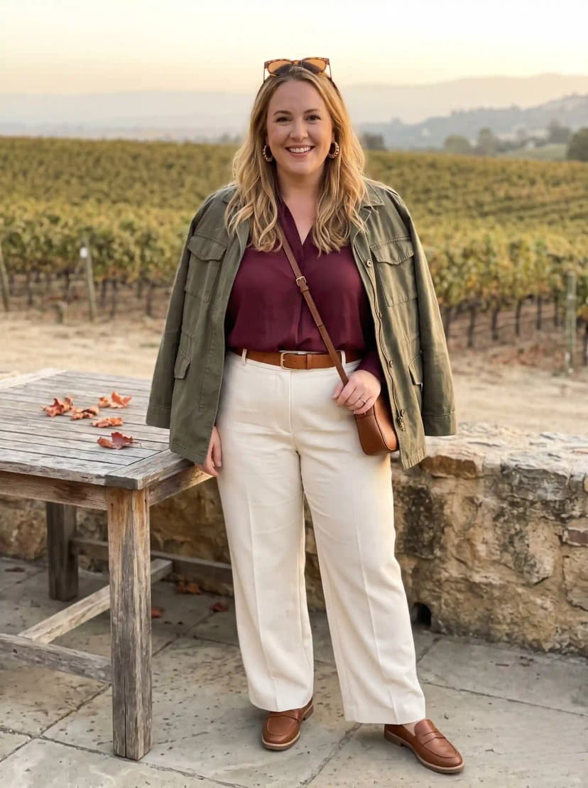 Olive Utility Jacket + Burgundy Blouse + Cream Wide-Leg Trousers