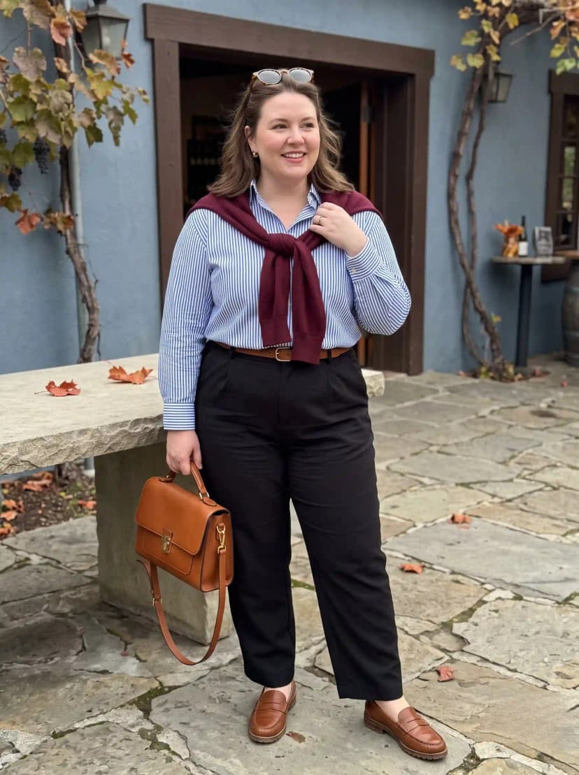 Blue Striped Button-Down + Burgundy Sweater Drape + Black Trousers