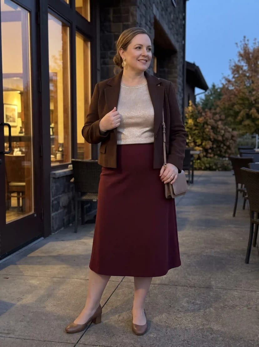 Brown Blazer + Gold Sparkly Top + Burgundy Midi Skirt