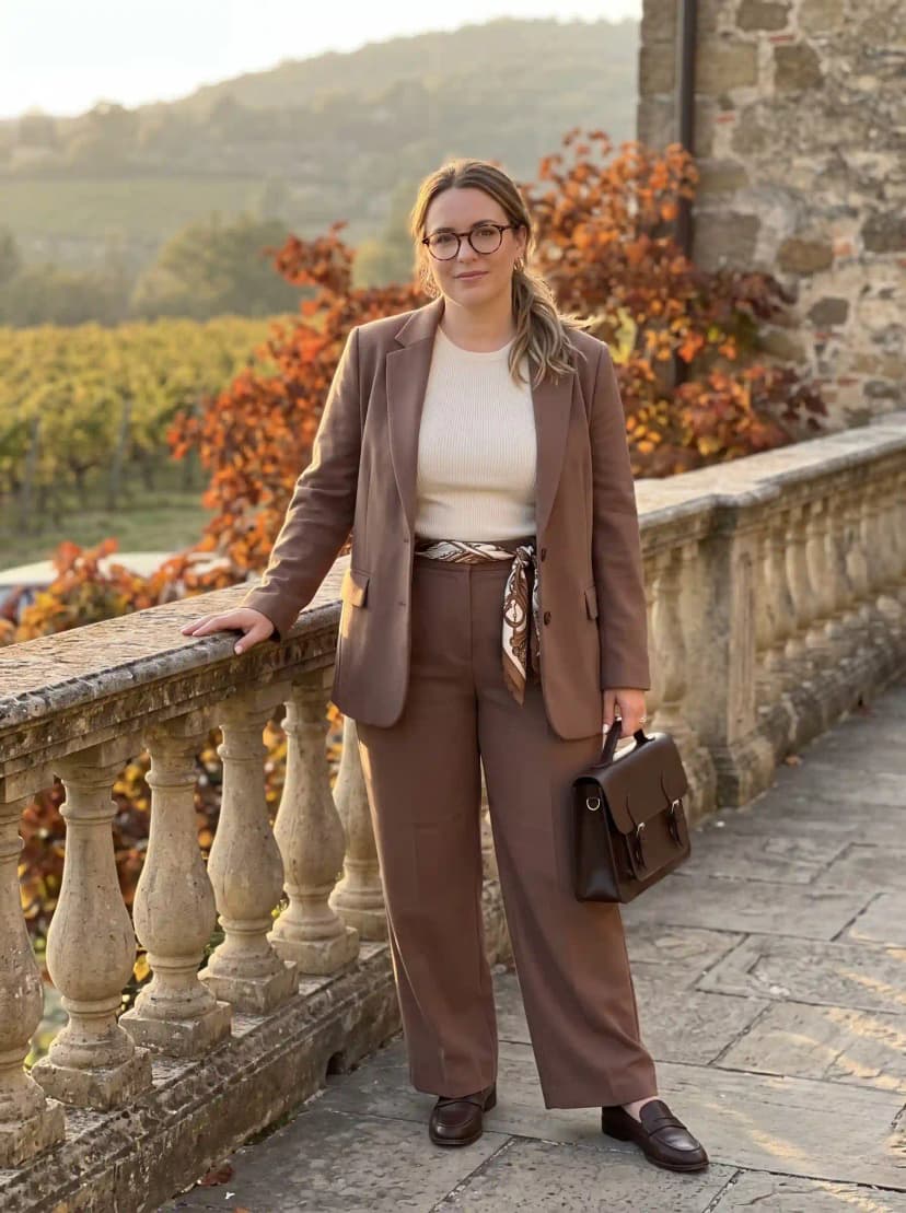 Brown Blazer + Beige Ribbed Top + Brown Wide-Leg Trousers