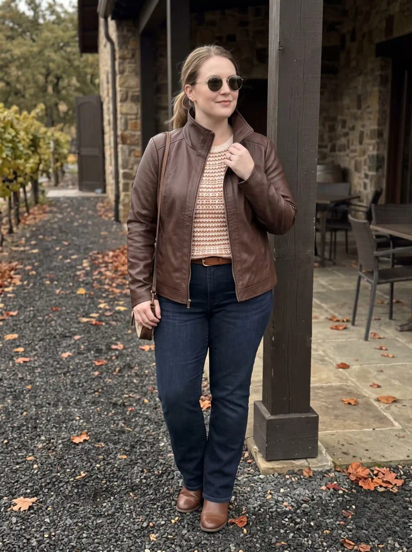 Brown Leather Jacket + Patterned Knit Sweater + Dark Wash Jeans