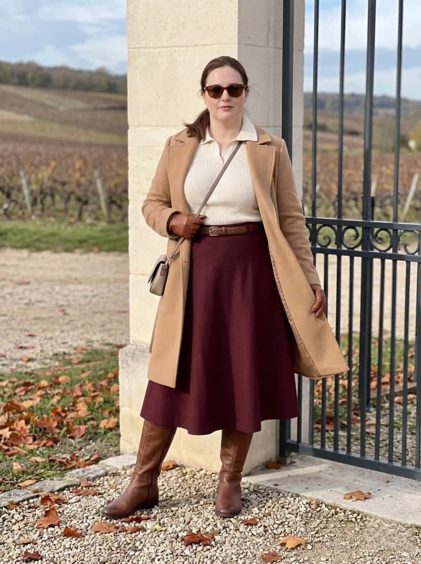 Camel Coat + Cream Polo Neck + Burgundy Midi Skirt + Knee-High Boots