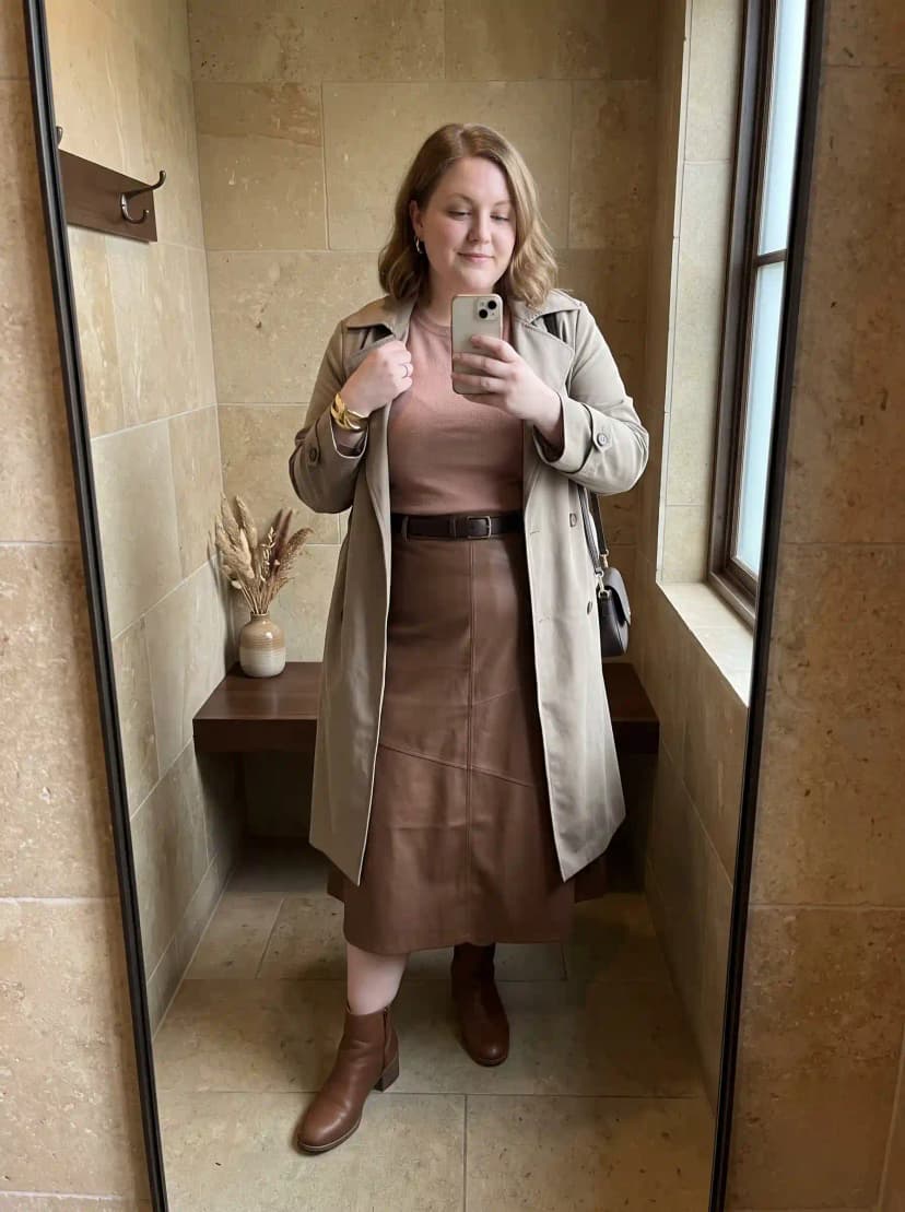 Beige Trench Coat + Brown Top + Brown Faux Leather Midi Skirt