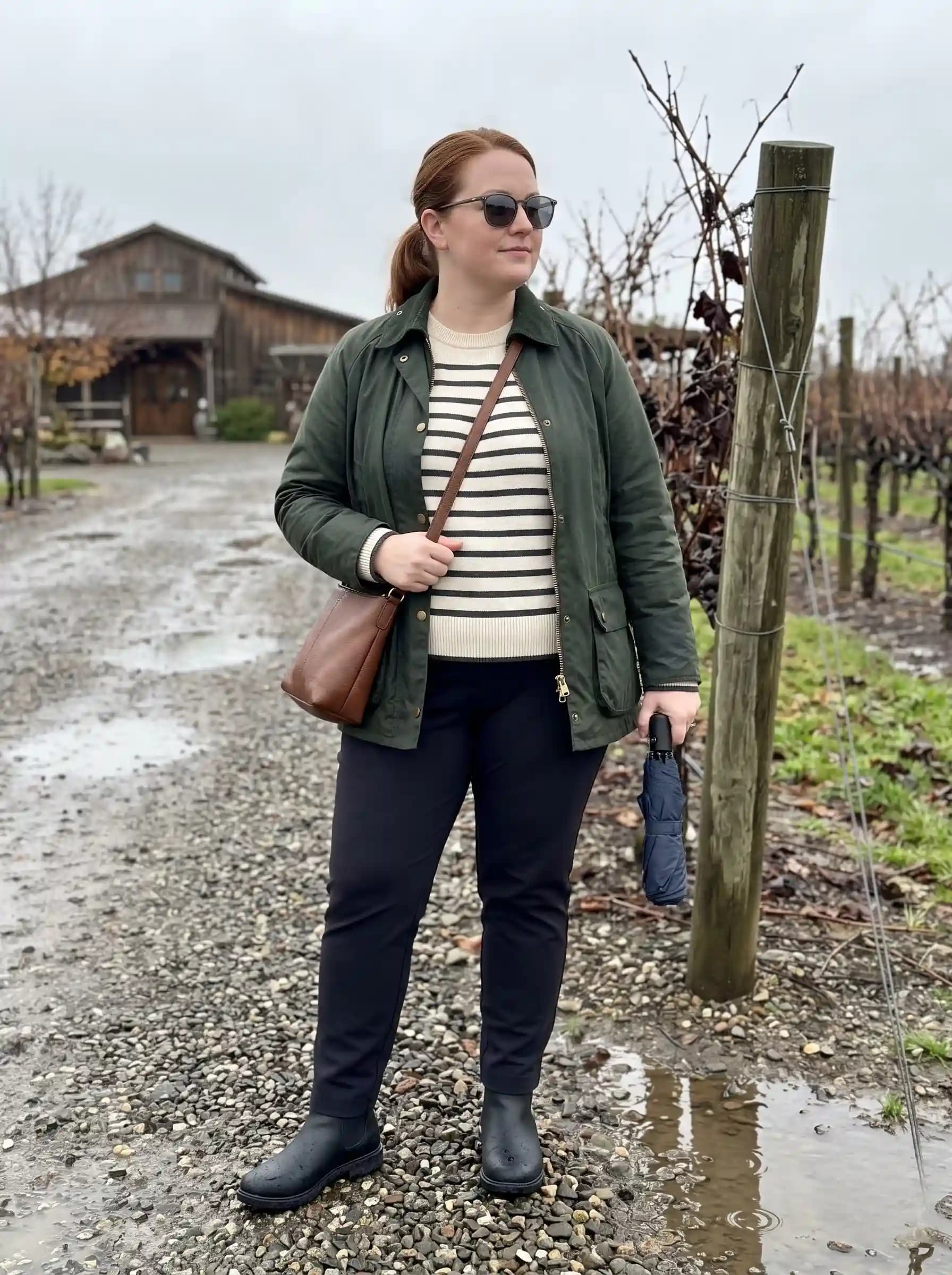 Olive Field Jacket + Striped Sweater + Black Trousers + Rain Boots