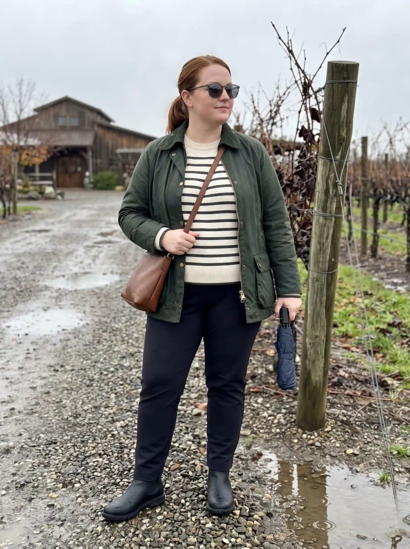 Olive Field Jacket + Striped Sweater + Black Trousers + Rain Boots