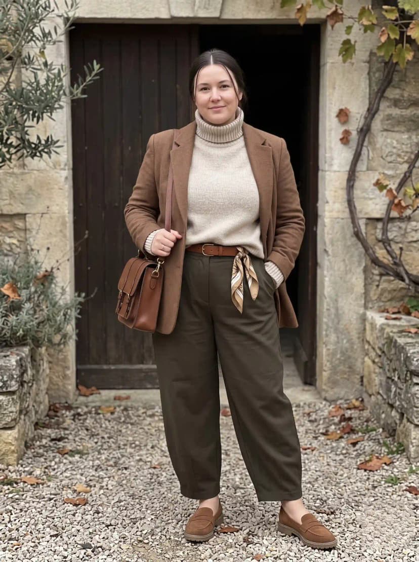 Brown Blazer + Beige Turtleneck + Olive Green Trousers