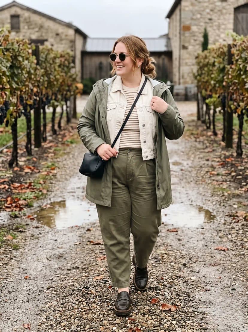 Olive Rain Jacket + Layered Denim + Striped Top + Olive Trousers