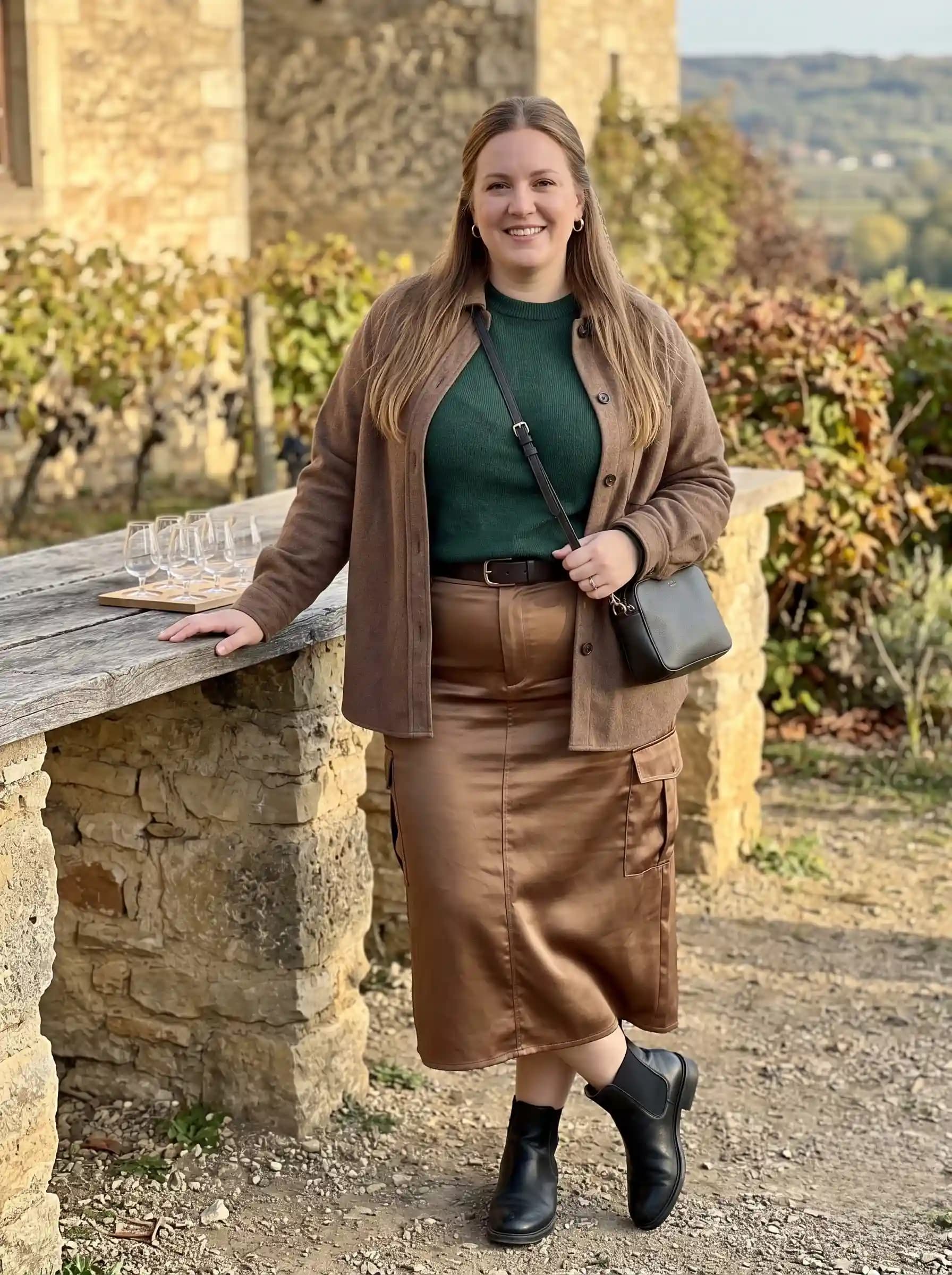 Brown Suede Jacket + Green Crewneck Sweater + Brown Faux Leather Cargo Skirt
