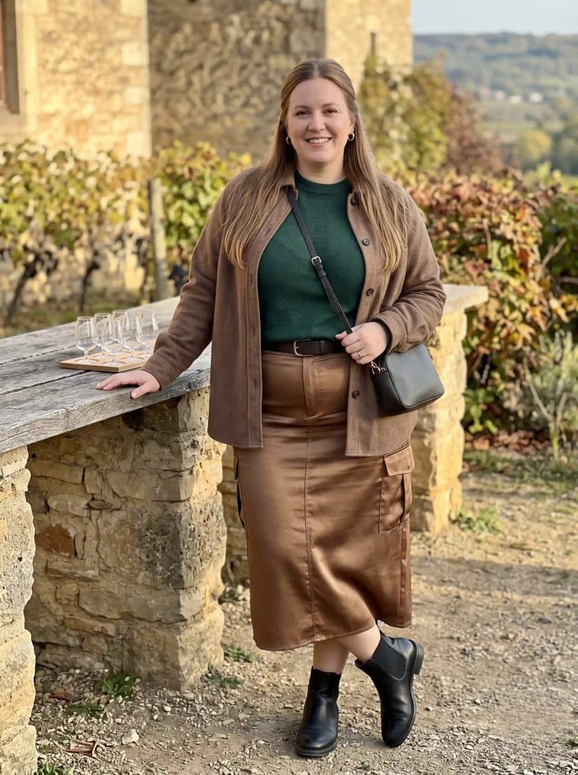 Brown Suede Jacket + Green Crewneck Sweater + Brown Faux Leather Cargo Skirt