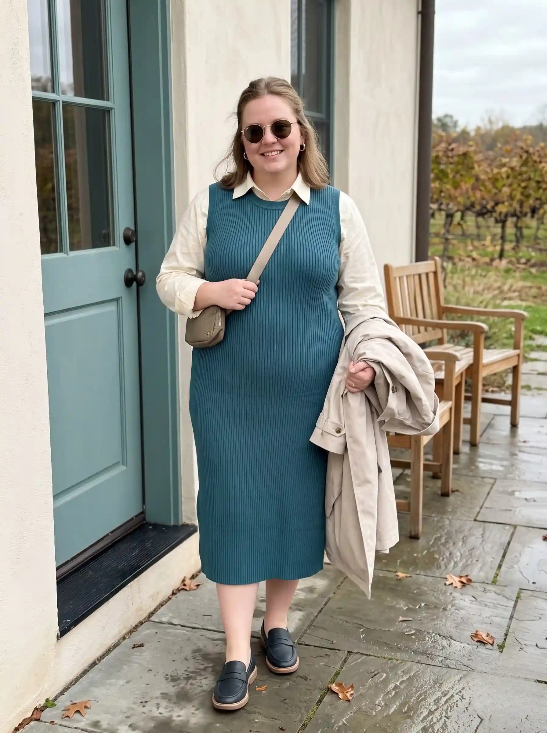 Teal Ribbed Sweater Dress + Cream Button-Down Shirt + Beige Trench Coat