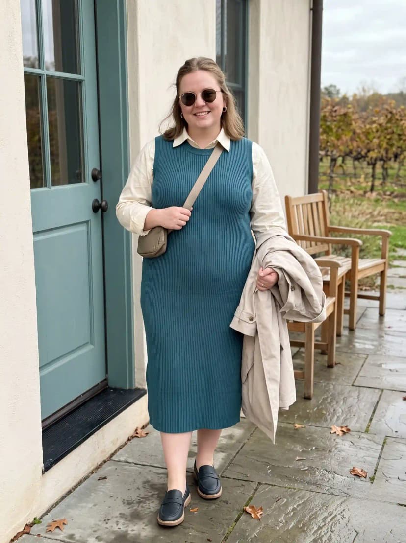 Teal Ribbed Sweater Dress + Cream Button-Down Shirt + Beige Trench Coat