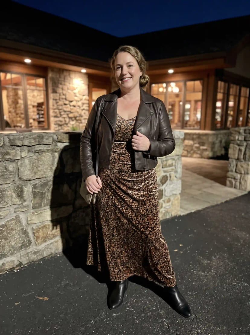 Brown Leather Moto Jacket + Leopard Print Midi Dress + Black Ankle Boots