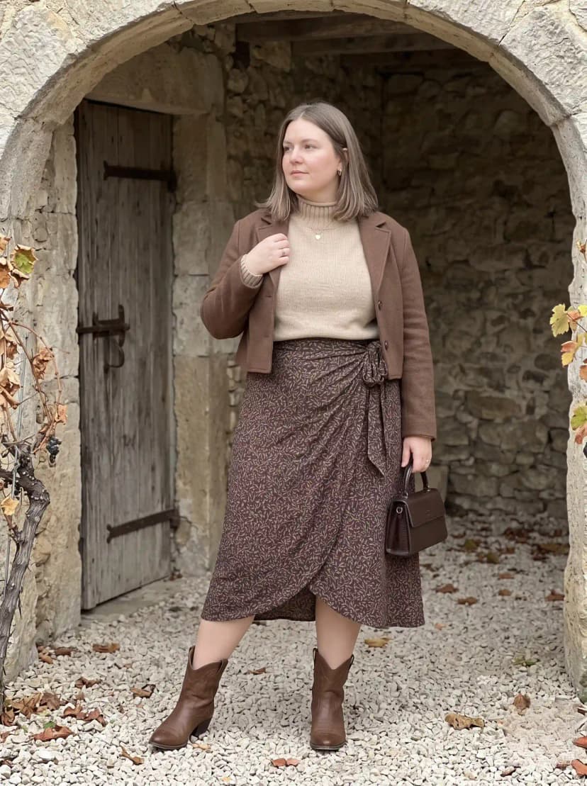Cropped Brown Blazer + Beige Turtleneck + Brown Floral Wrap Skirt