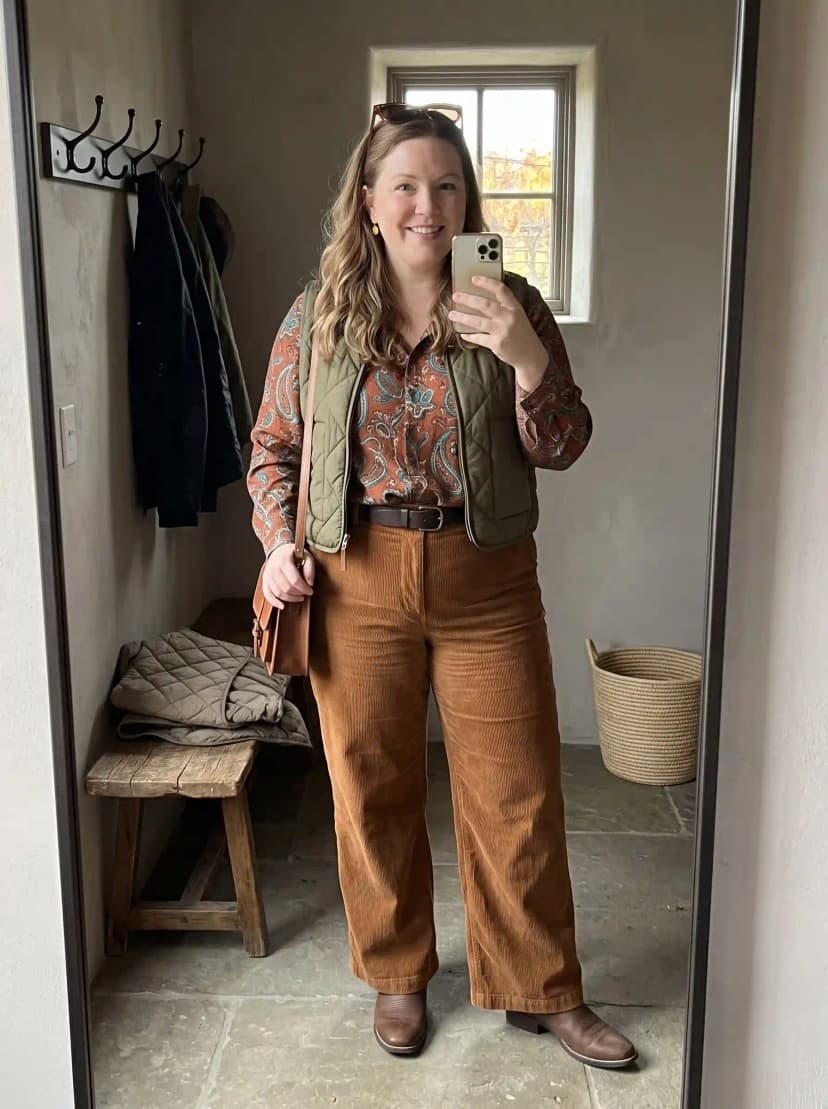 Olive Quilted Vest + Brown Paisley Blouse + Brown Corduroy Pants